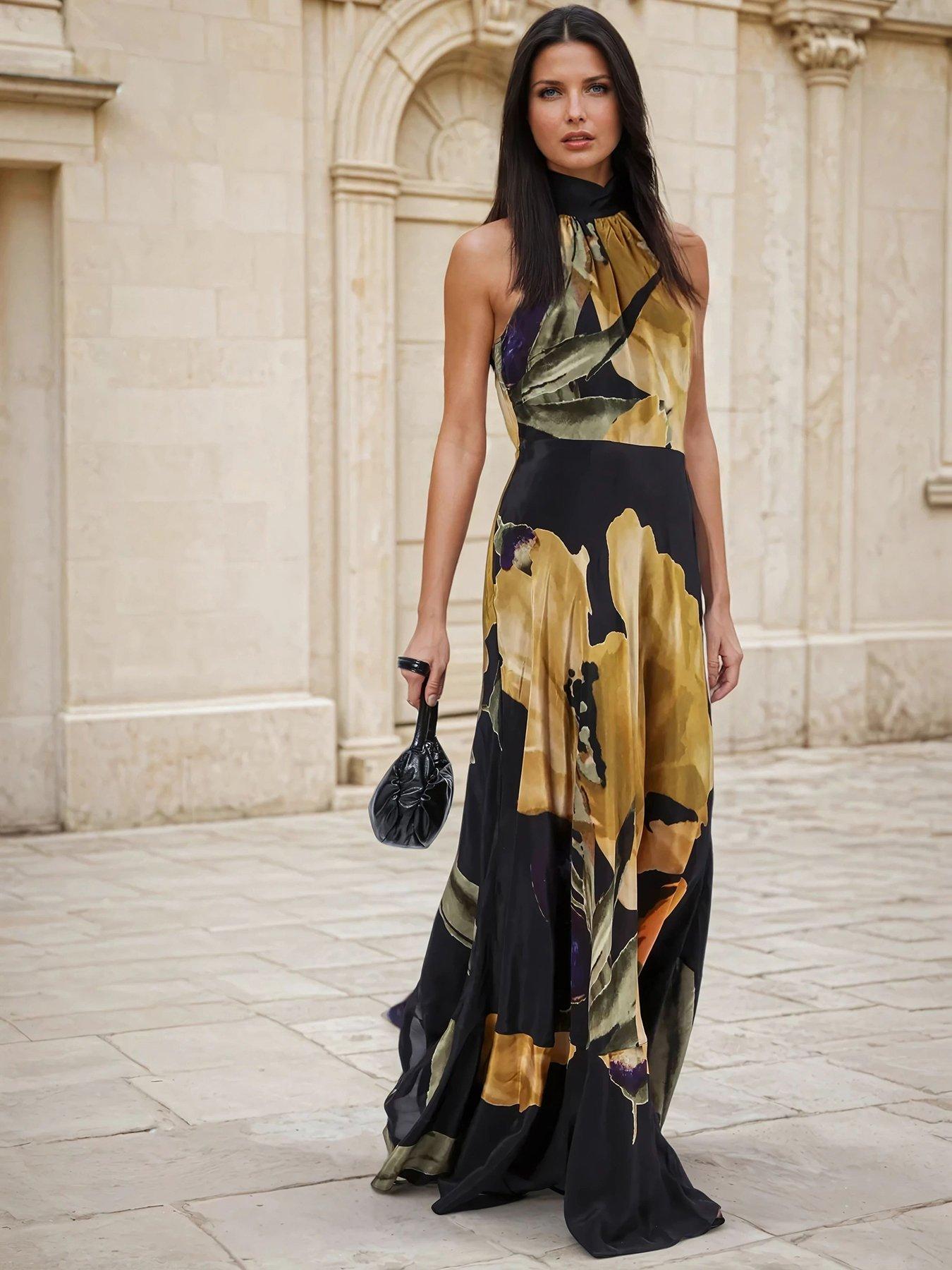 undefined Valeria Column Maxi Dress With Large Yellow Floral Print