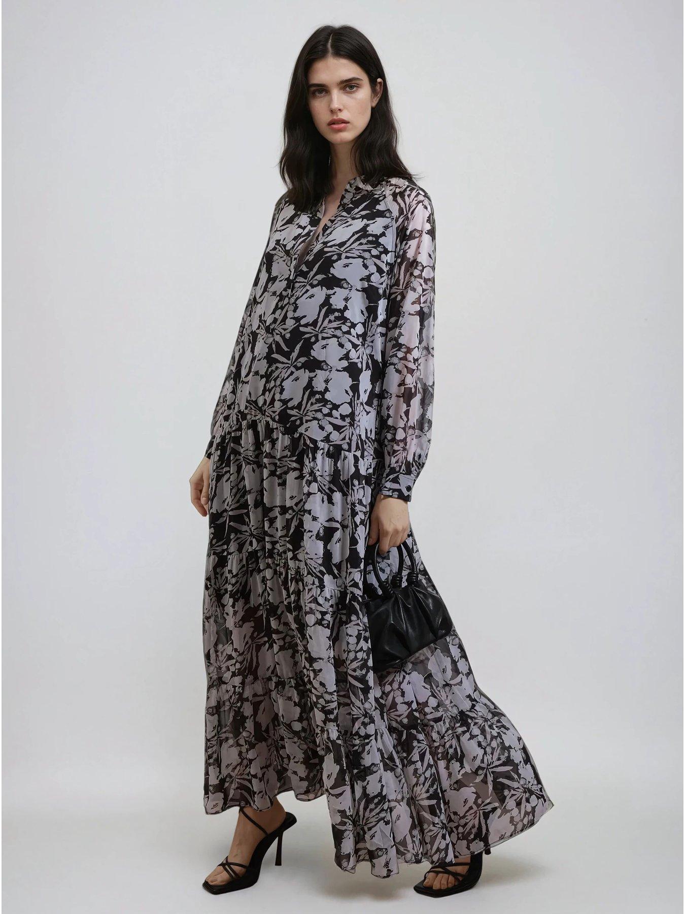 undefined Sunset Tiered Maxi Dress In Dark Ditsy Floral Print