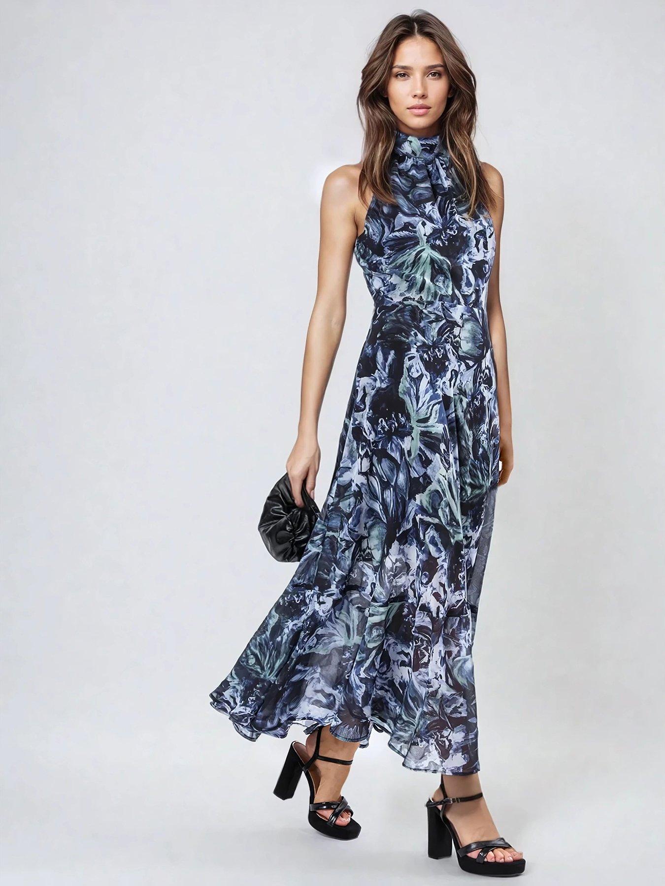 undefined Time Button Through Maxi Dress With Angel Sleeves - Navy