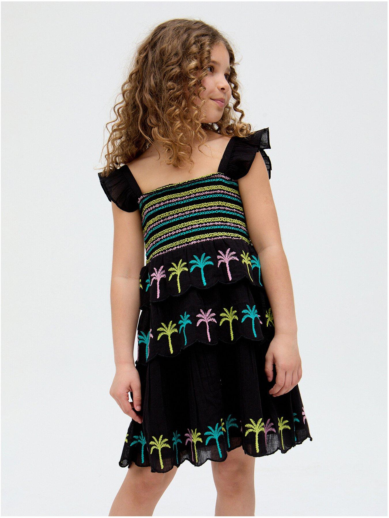 front image of raffya-kids-girls-ruffle-embroidery-placement-dress-blue