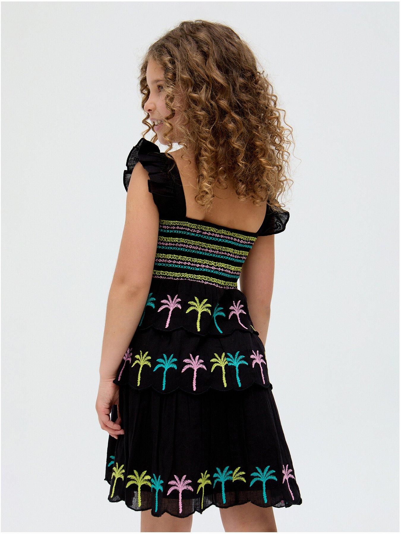 back image of raffya-kids-girls-ruffle-embroidery-placement-dress-blue