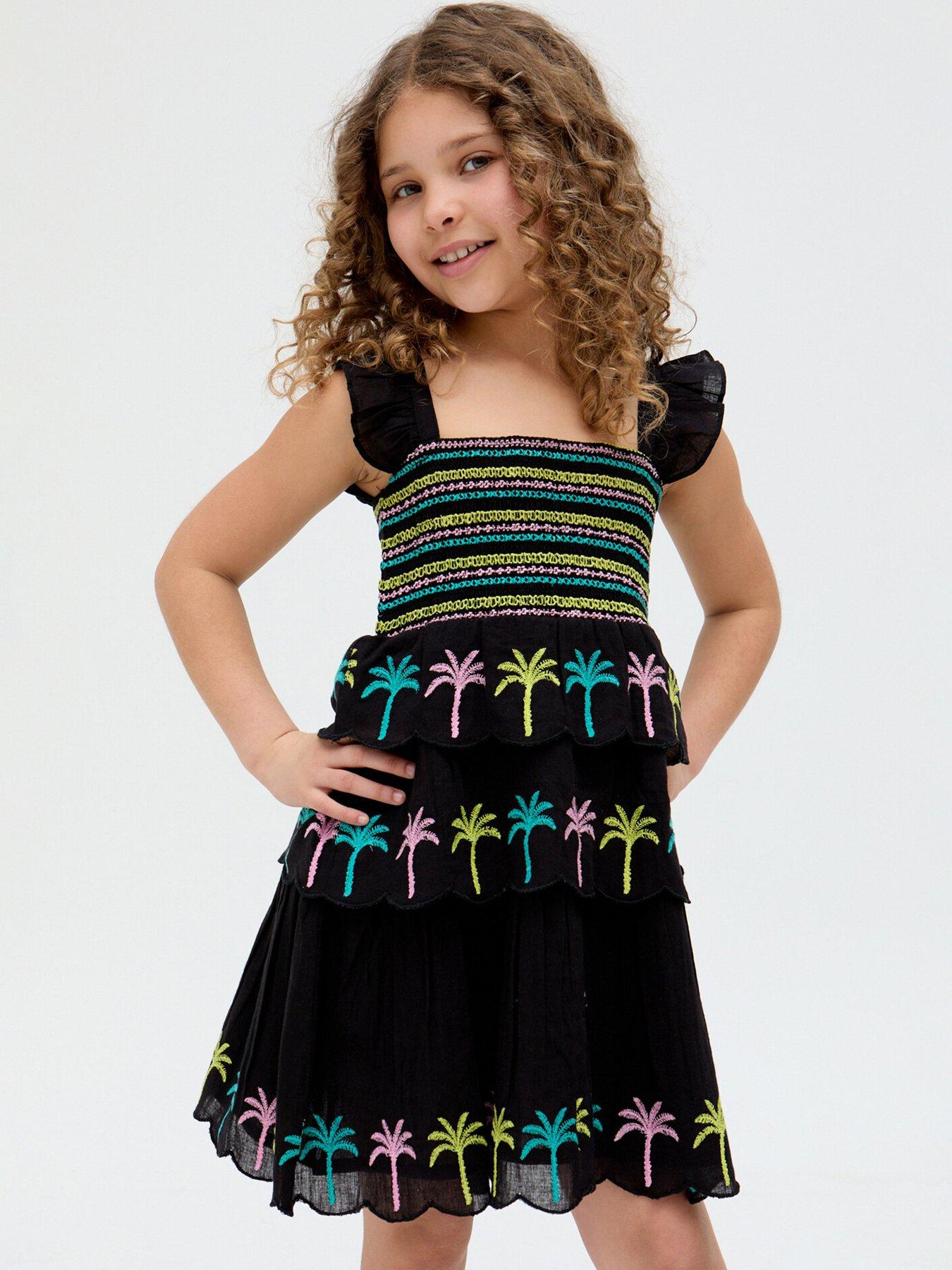  image of raffya-kids-girls-ruffle-embroidery-placement-dress-blue