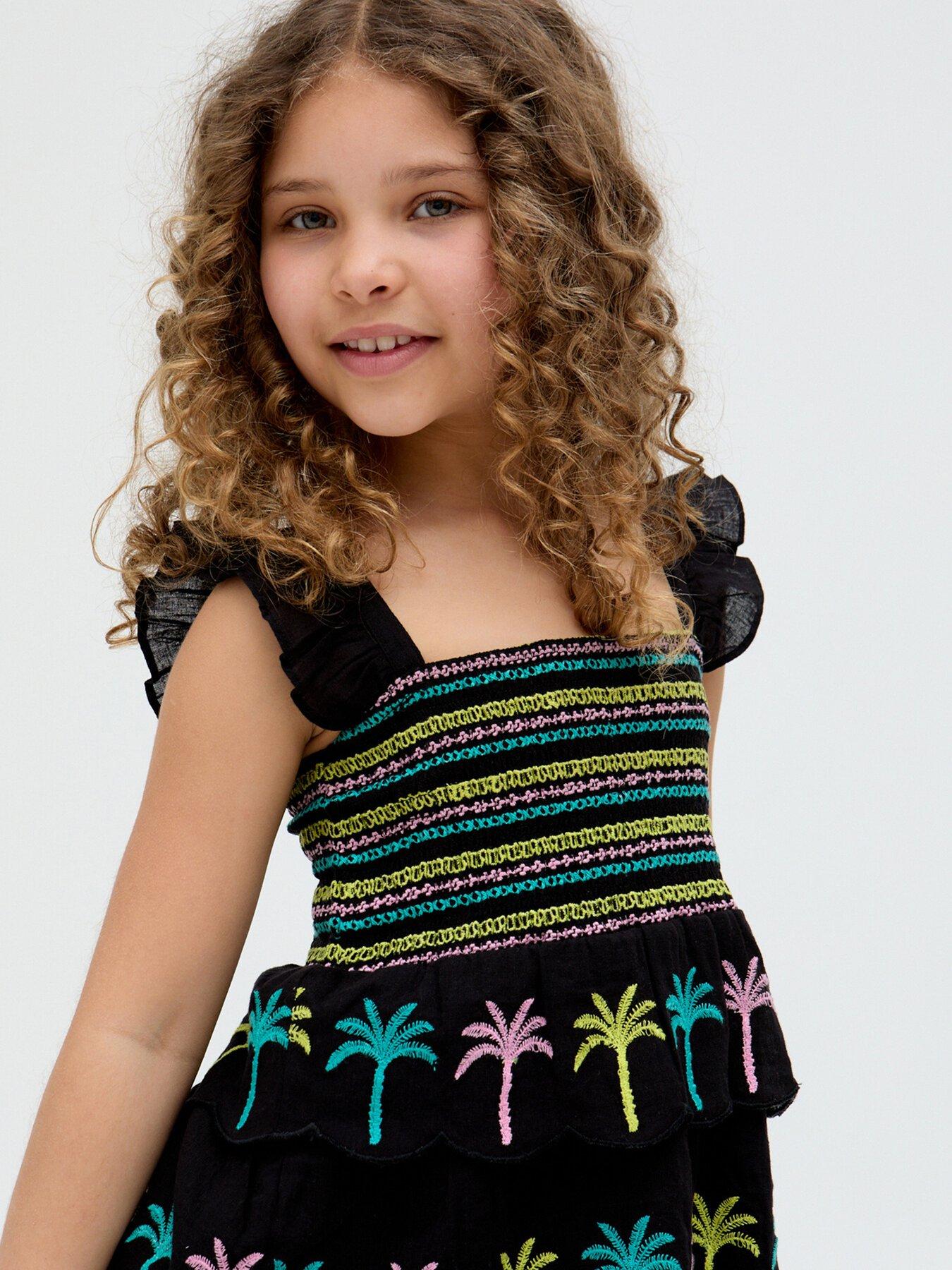  image of raffya-kids-girls-ruffle-embroidery-placement-dress-blue