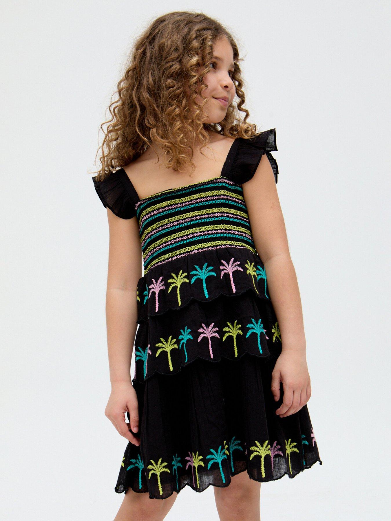  image of raffya-kids-girls-ruffle-embroidery-placement-dress-blue