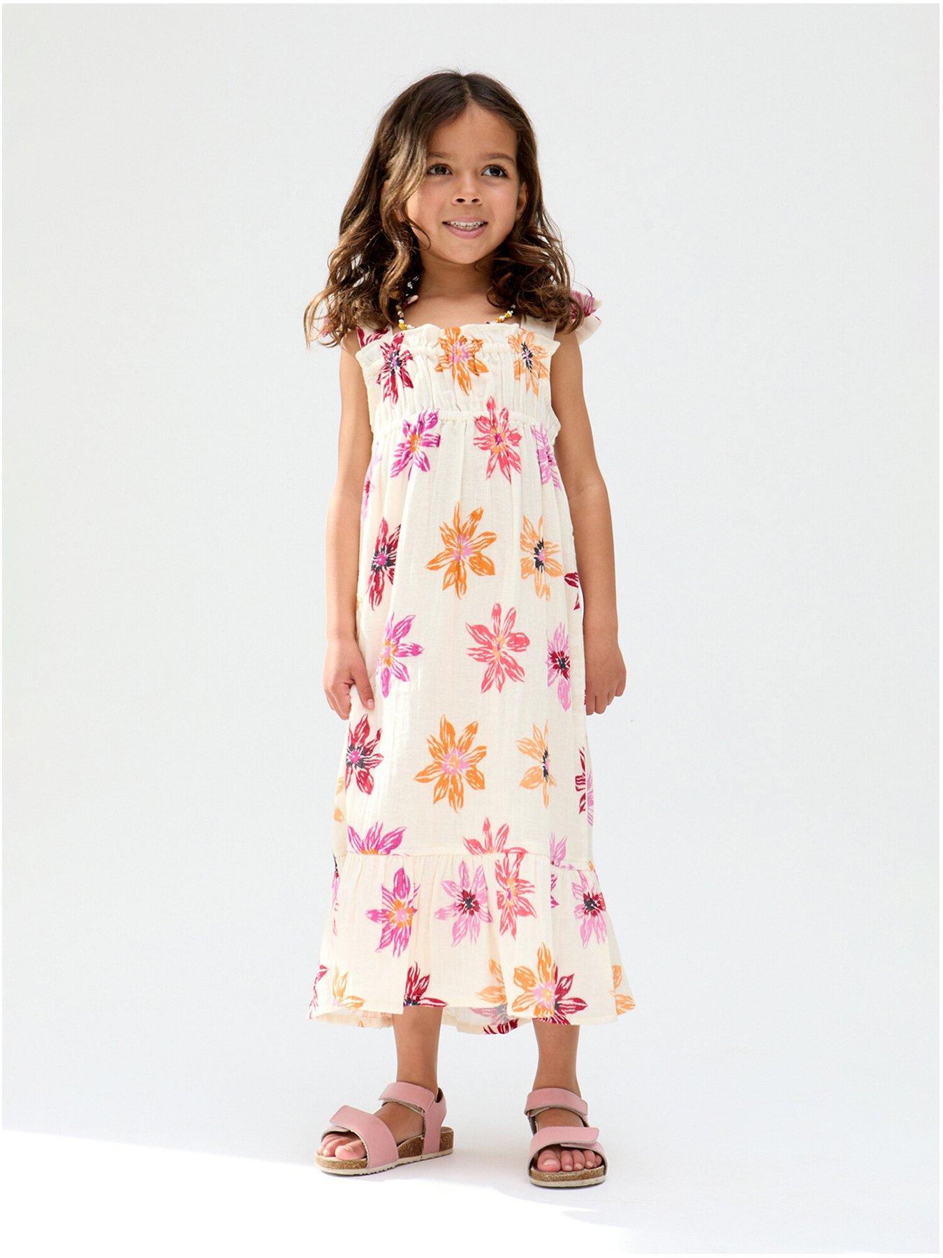 undefined Girls Flora Flower Printed Dress - Cream