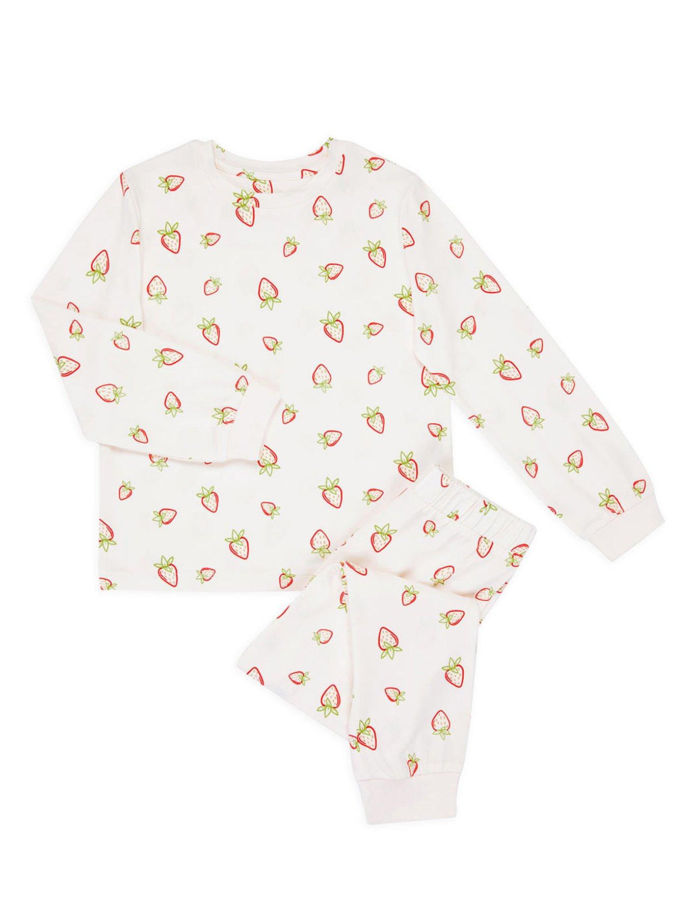  image of chelsea-peers-kids-unisex-ditsy-strawberry-long-sleeve-pyjamas-off-white