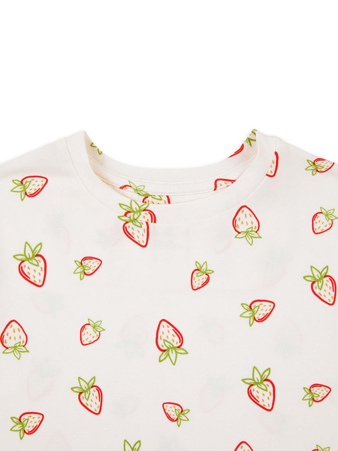  image of chelsea-peers-kids-unisex-ditsy-strawberry-long-sleeve-pyjamas-off-white
