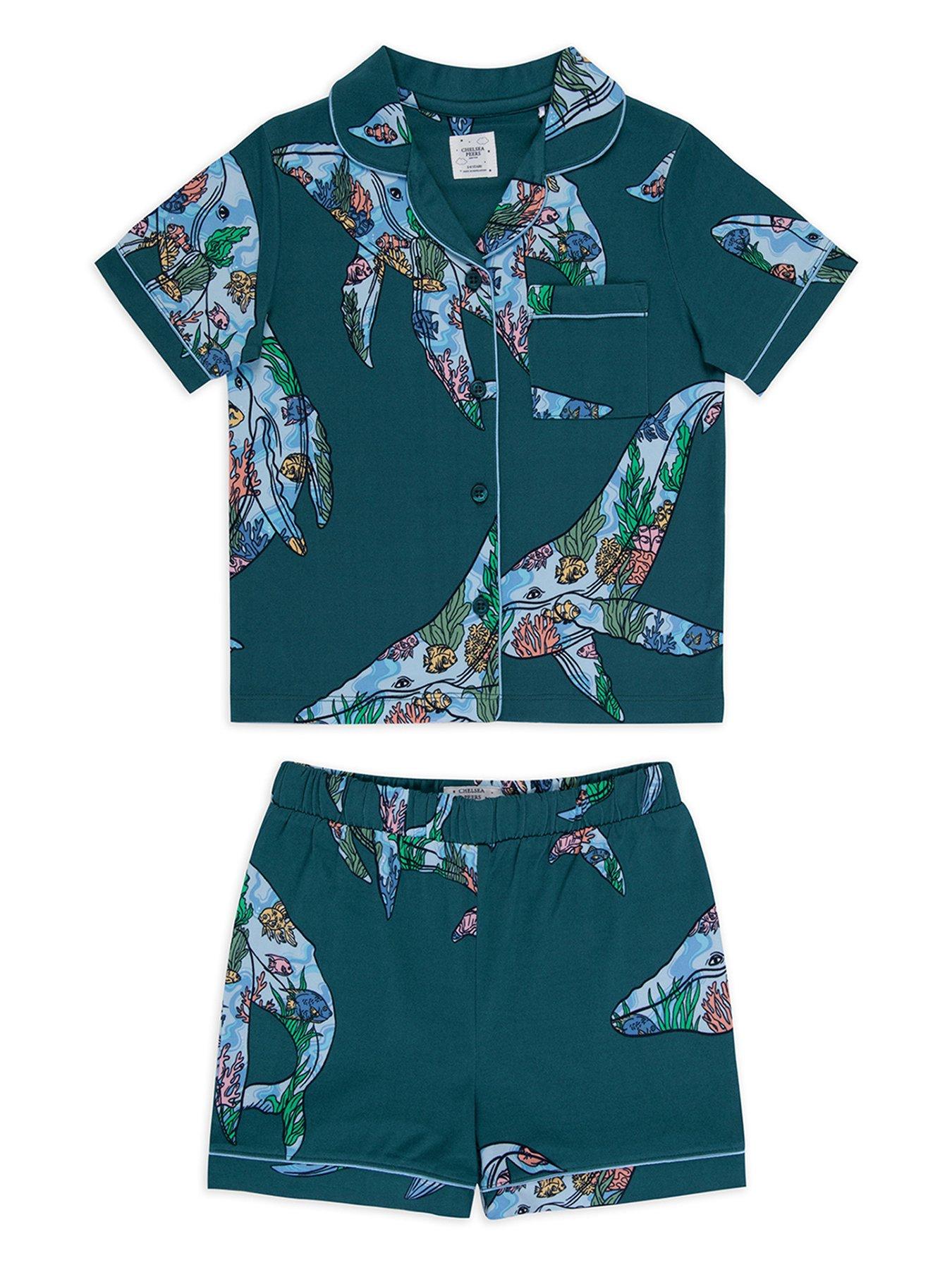  image of chelsea-peers-kids-unisex-whale-coral-reef-short-sleeve-revere-top-and-short-pyjama-set-teal