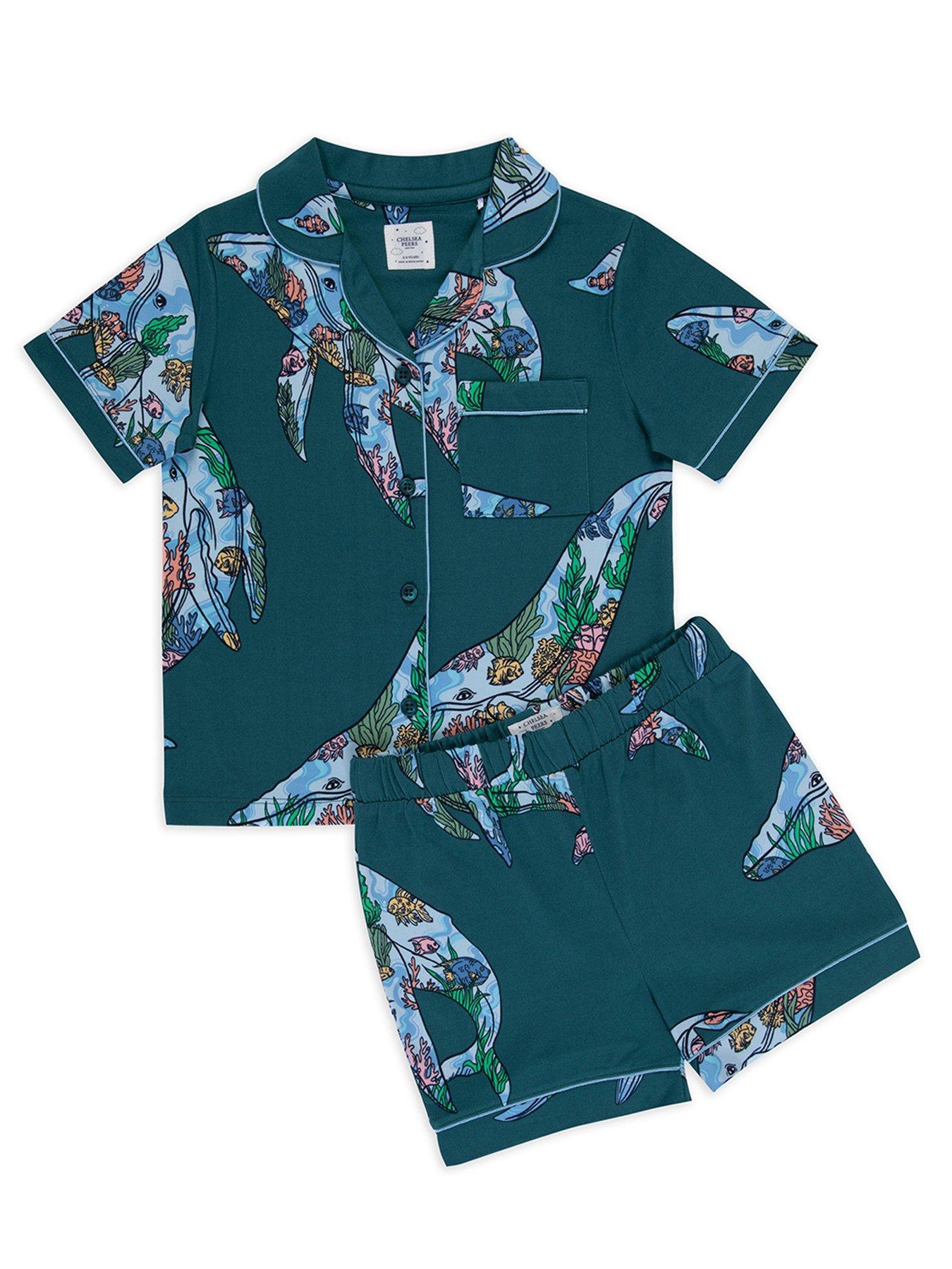  image of chelsea-peers-kids-unisex-whale-coral-reef-short-sleeve-revere-top-and-short-pyjama-set-teal