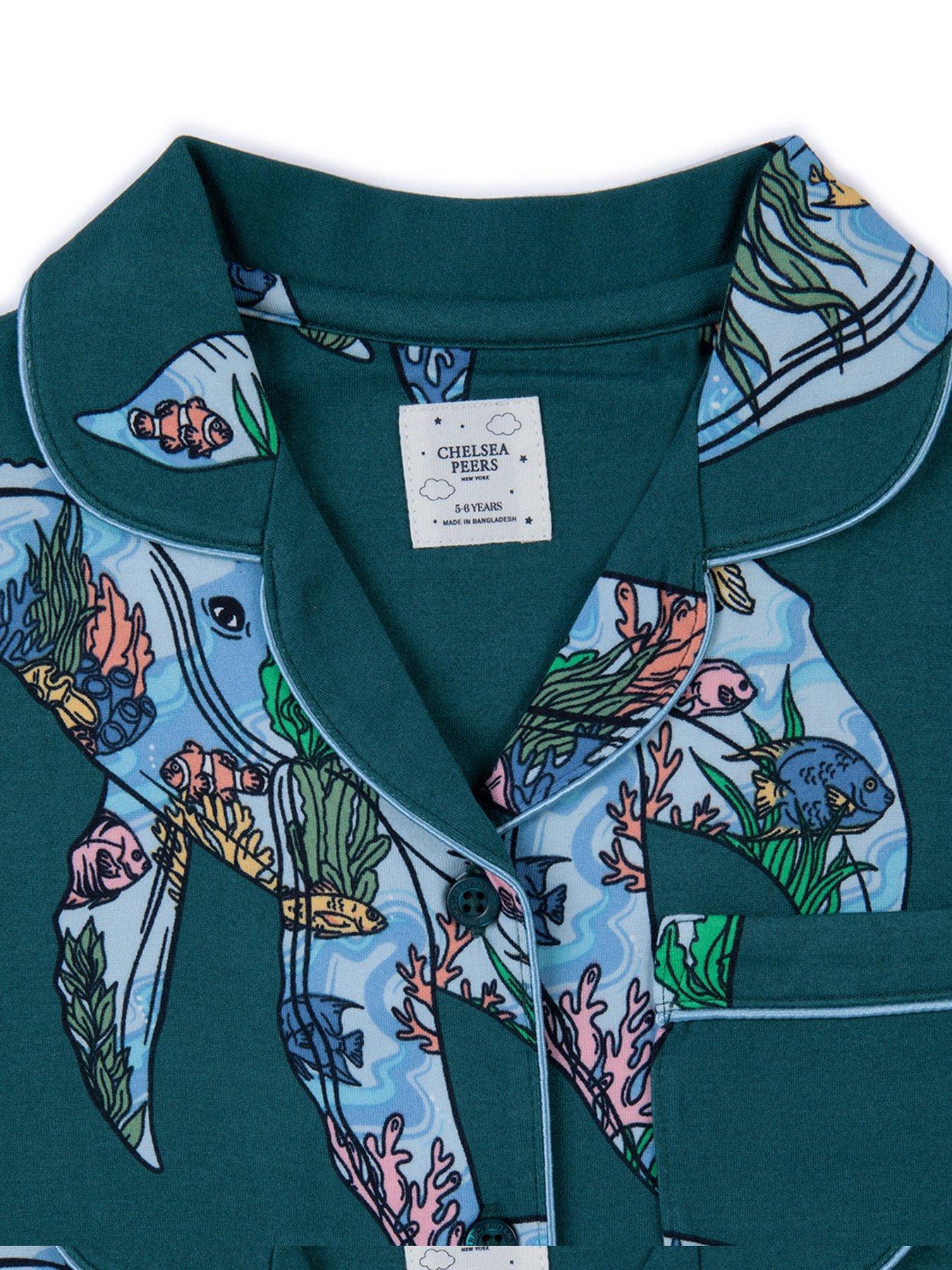  image of chelsea-peers-kids-unisex-whale-coral-reef-short-sleeve-revere-top-and-short-pyjama-set-teal