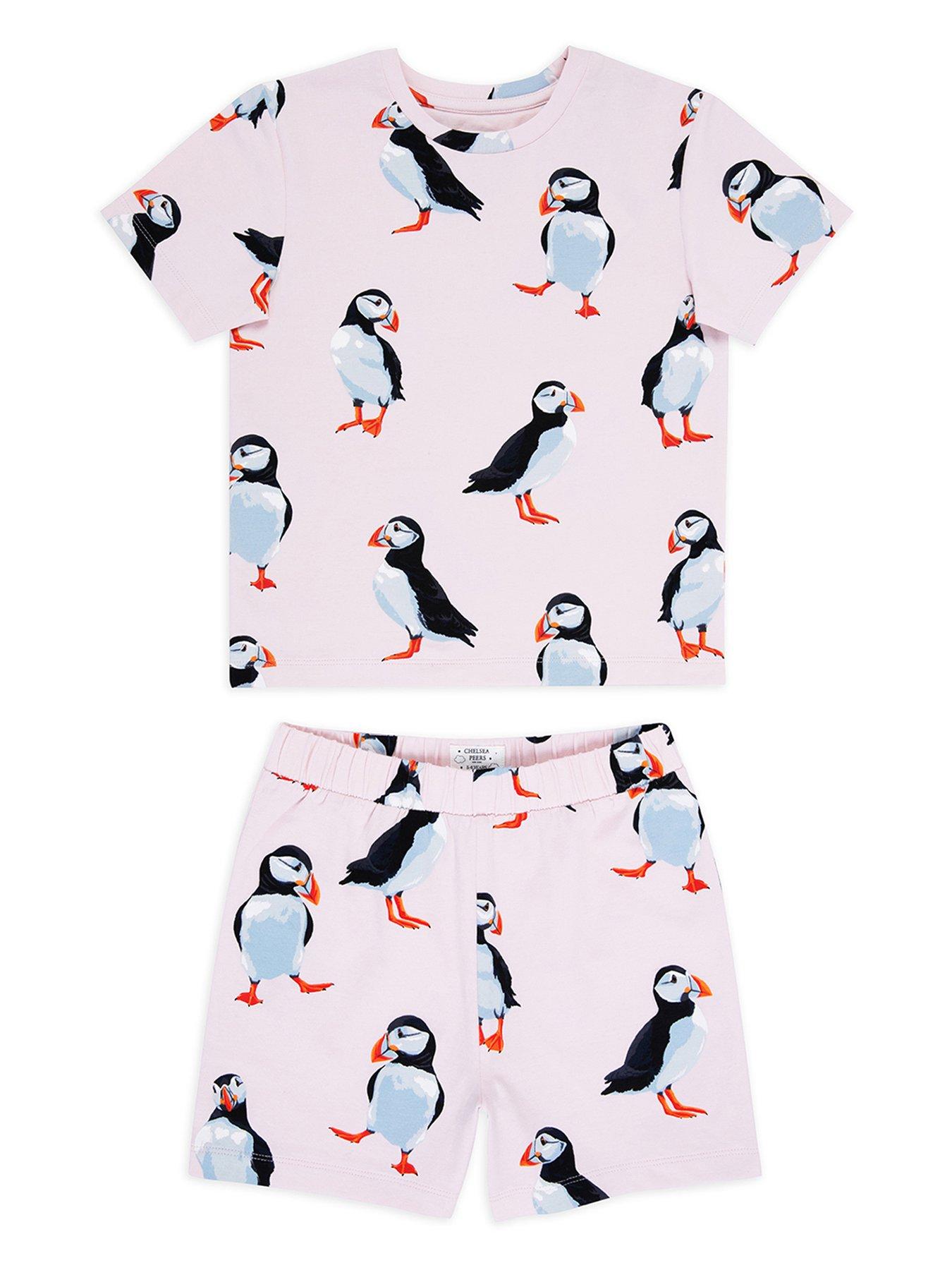  image of chelsea-peers-kids-unisex-puffin-crew-neck-t-shirt-and-short-pyjama-set-pink