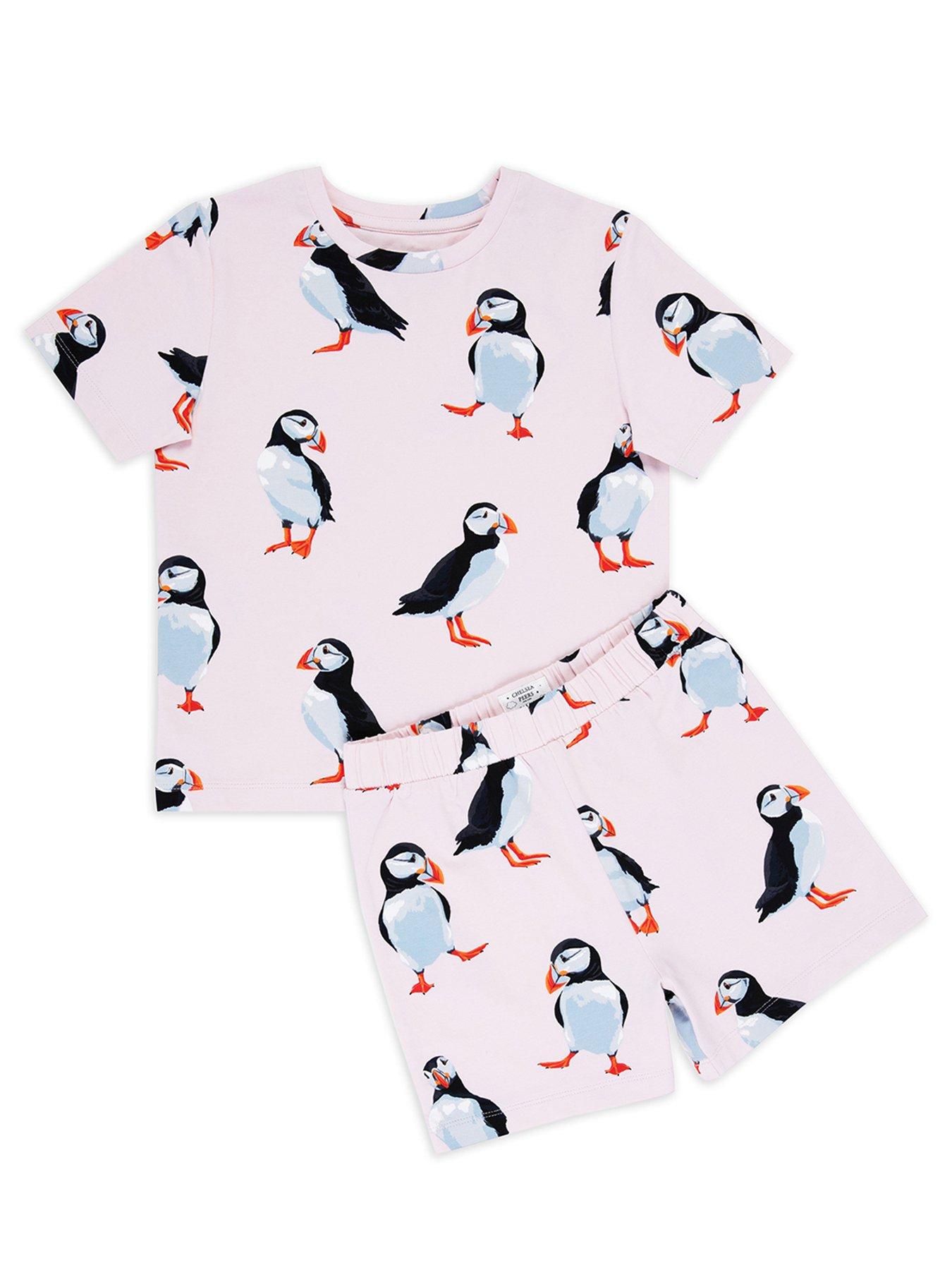  image of chelsea-peers-kids-unisex-puffin-crew-neck-t-shirt-and-short-pyjama-set-pink
