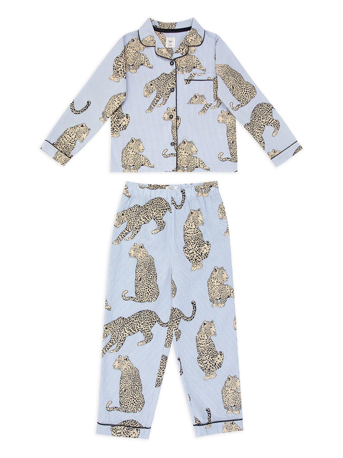  image of chelsea-peers-unisex-kids-seersucker-stripe-leopard-long-sleeve-button-up-pyjamas-blue