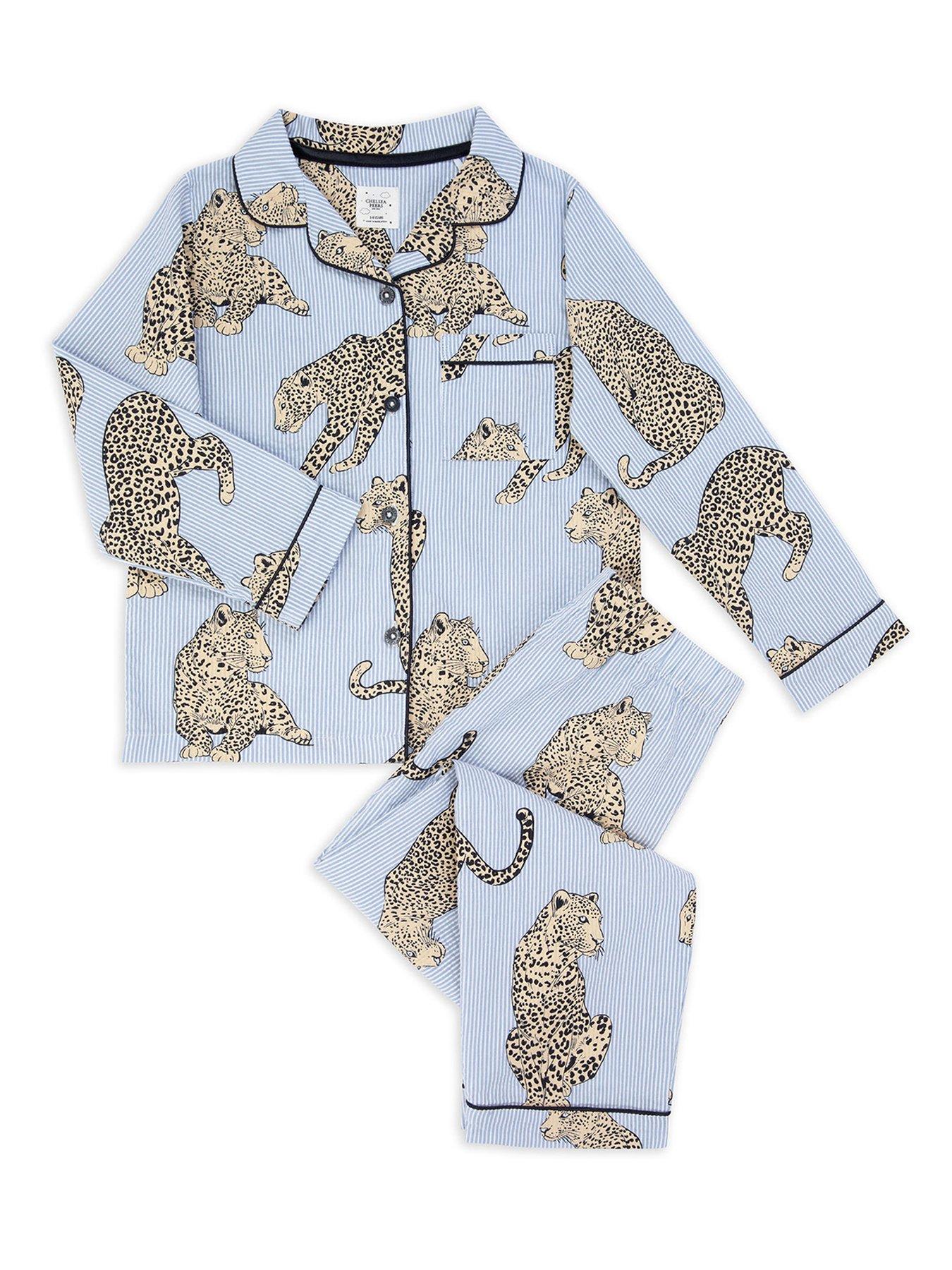  image of chelsea-peers-unisex-kids-seersucker-stripe-leopard-long-sleeve-button-up-pyjamas-blue