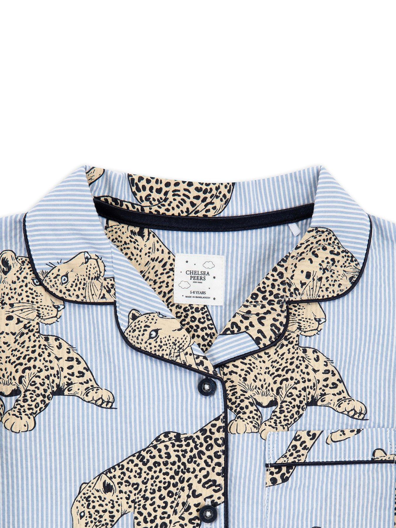  image of chelsea-peers-unisex-kids-seersucker-stripe-leopard-long-sleeve-button-up-pyjamas-blue