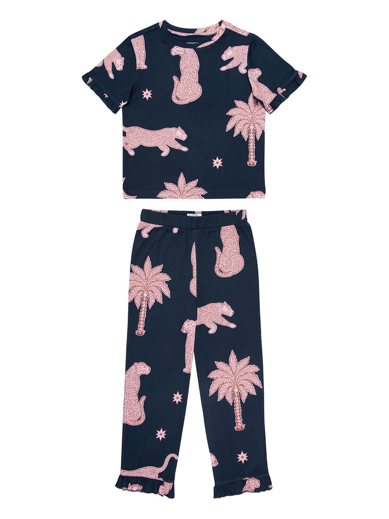 front image of chelsea-peers-unisex-kids-abstract-shapes-leopards-tshirt-and-regular-long-bottom-pyjama-set-navy