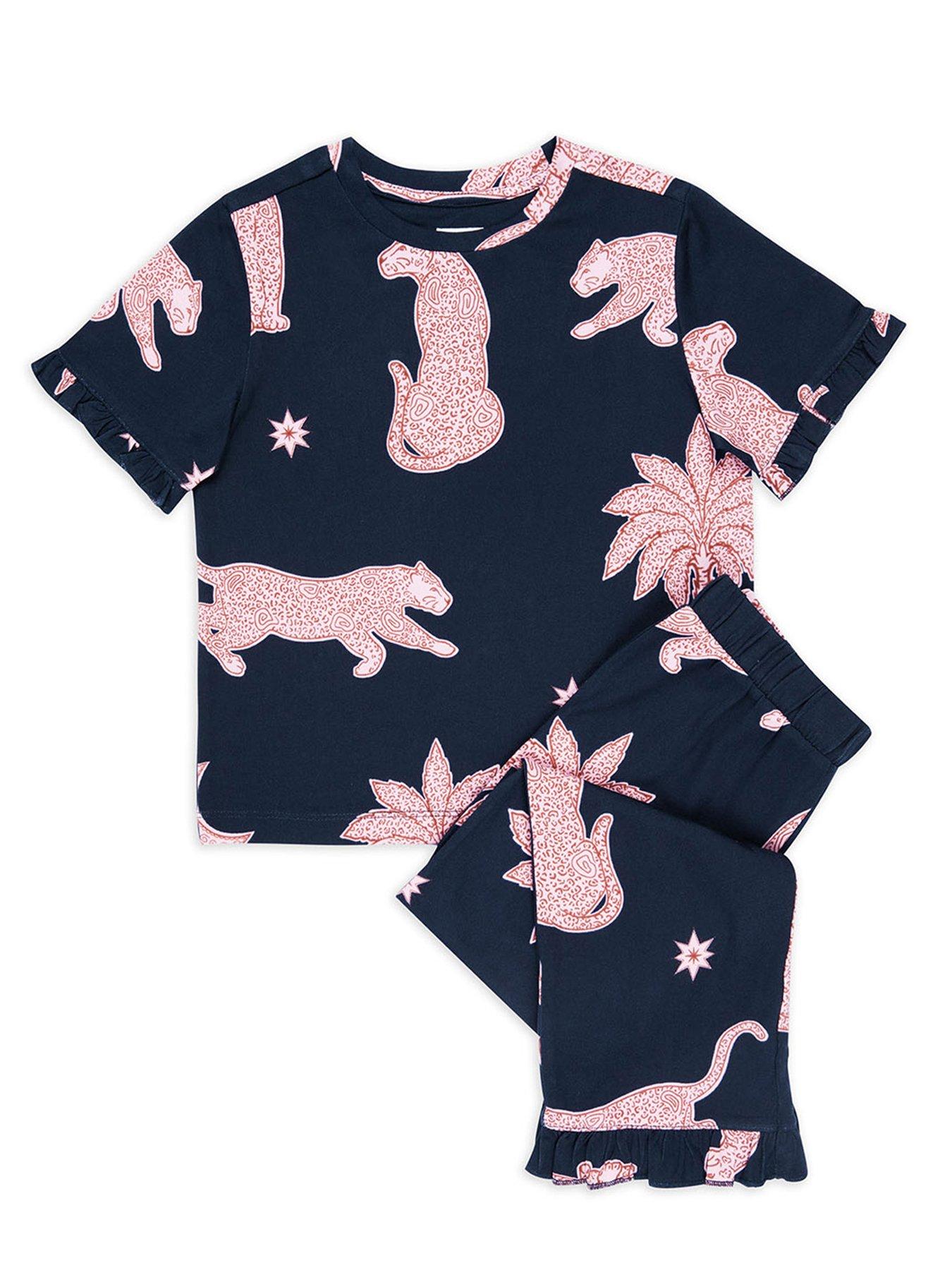 outfit image of chelsea-peers-unisex-kids-abstract-shapes-leopards-tshirt-and-regular-long-bottom-pyjama-set-navy