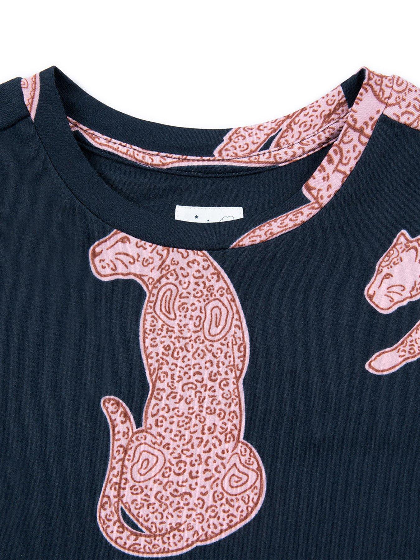  image of chelsea-peers-unisex-kids-abstract-shapes-leopards-tshirt-and-regular-long-bottom-pyjama-set-navy