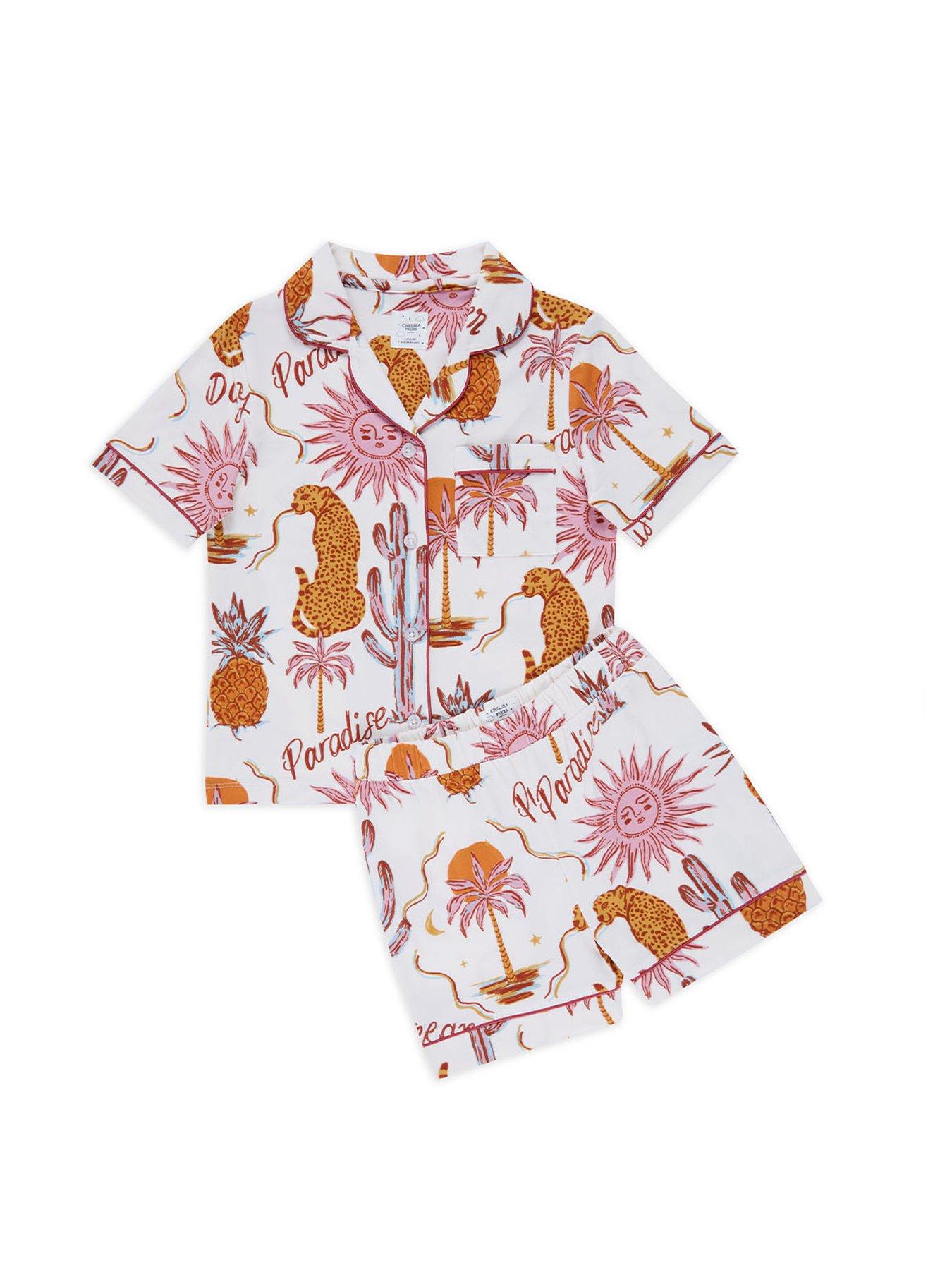 stillFront image of chelsea-peers-unisex-kids-daydreamer-paradise-print-short-sleeve-revere-and-short-pyjama-set-cream
