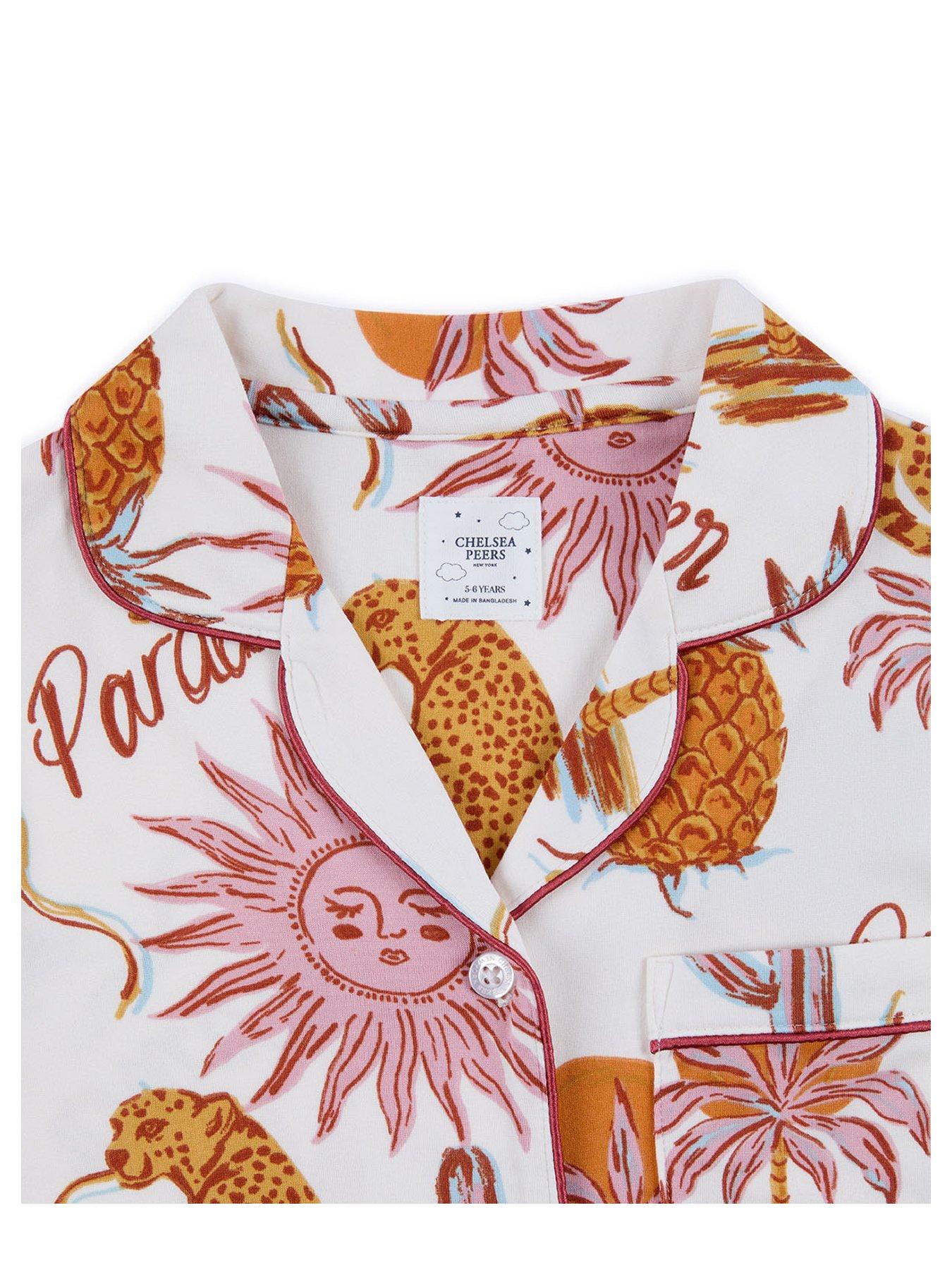  image of chelsea-peers-unisex-kids-daydreamer-paradise-print-short-sleeve-revere-and-short-pyjama-set-cream