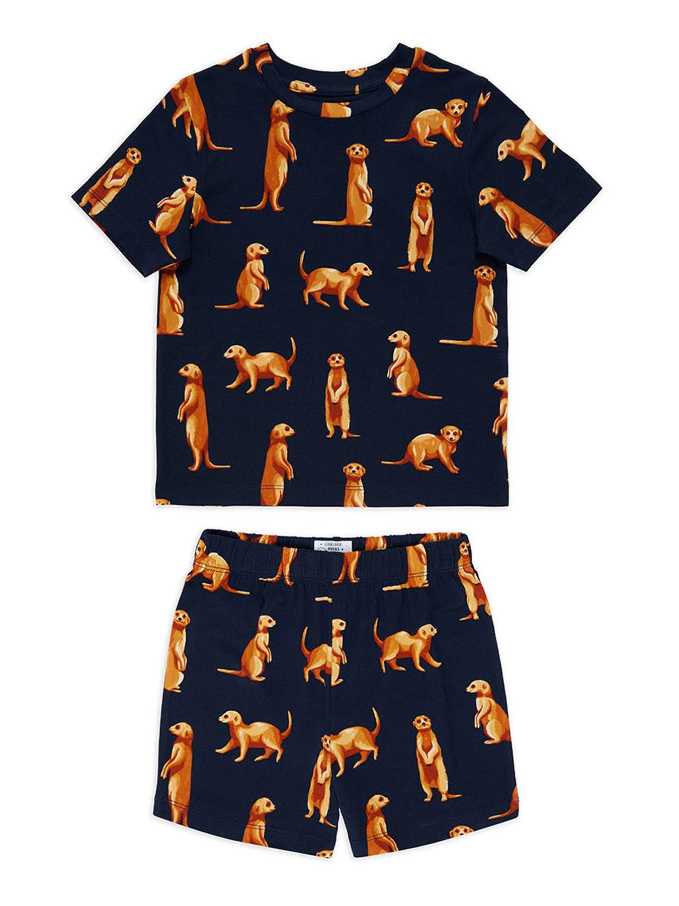 front image of chelsea-peers-unisex-kids-meerkat-print-t-shirt-and-short-pyjama-set-navy
