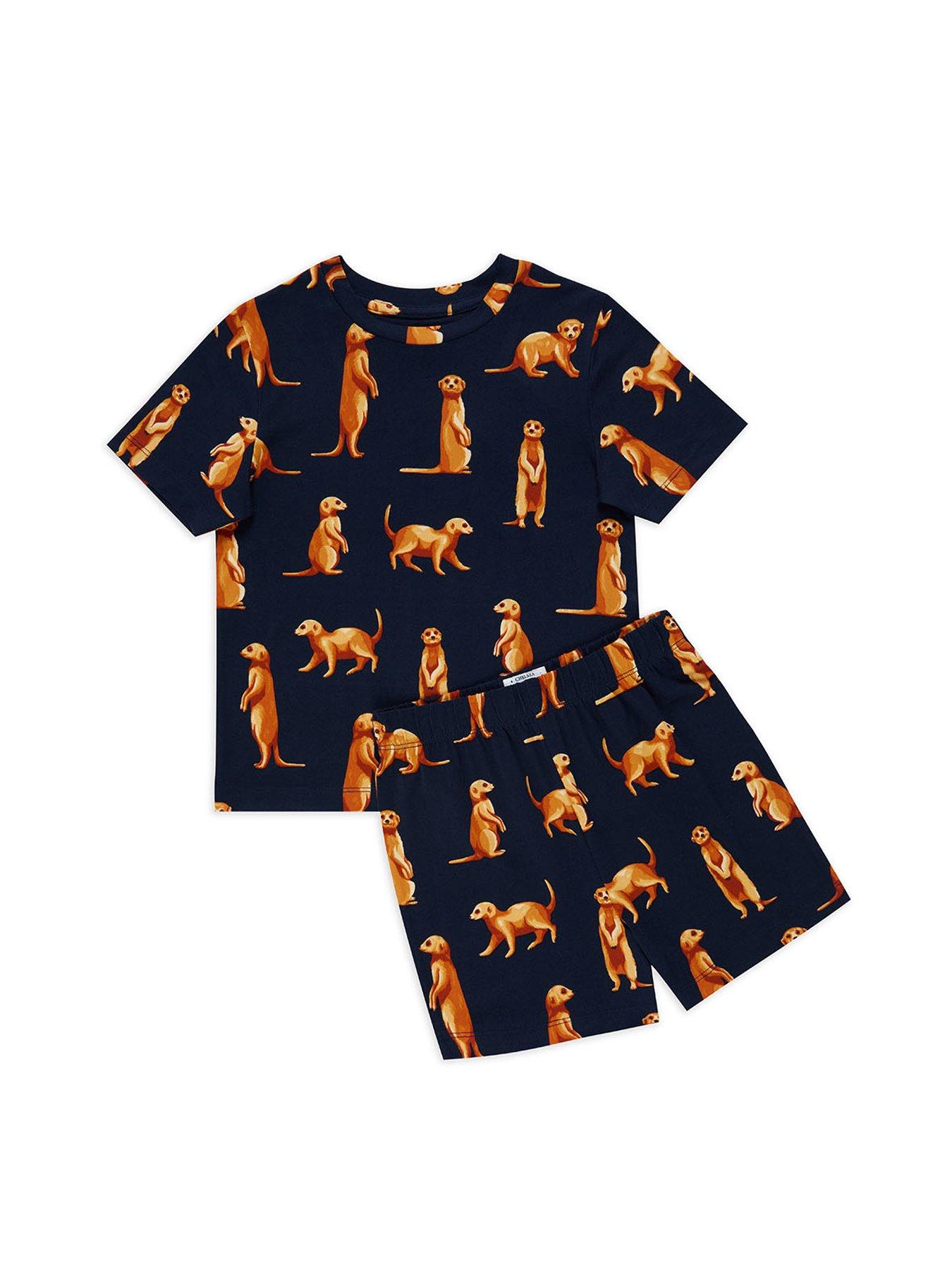 stillFront image of chelsea-peers-unisex-kids-meerkat-print-t-shirt-and-short-pyjama-set-navy