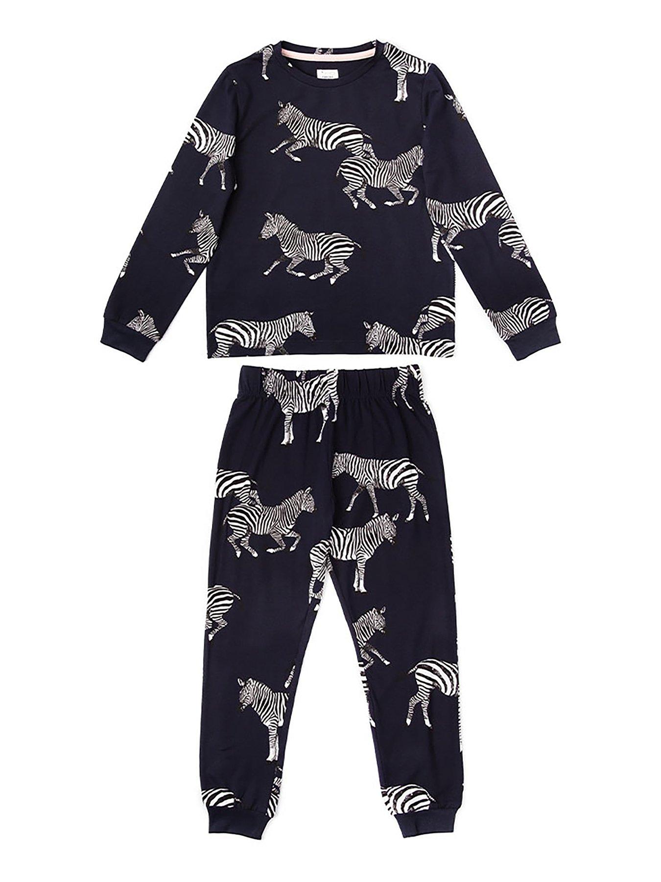  image of chelsea-peers-kids-unisex-zebra-print-long-pyjama-set-navy