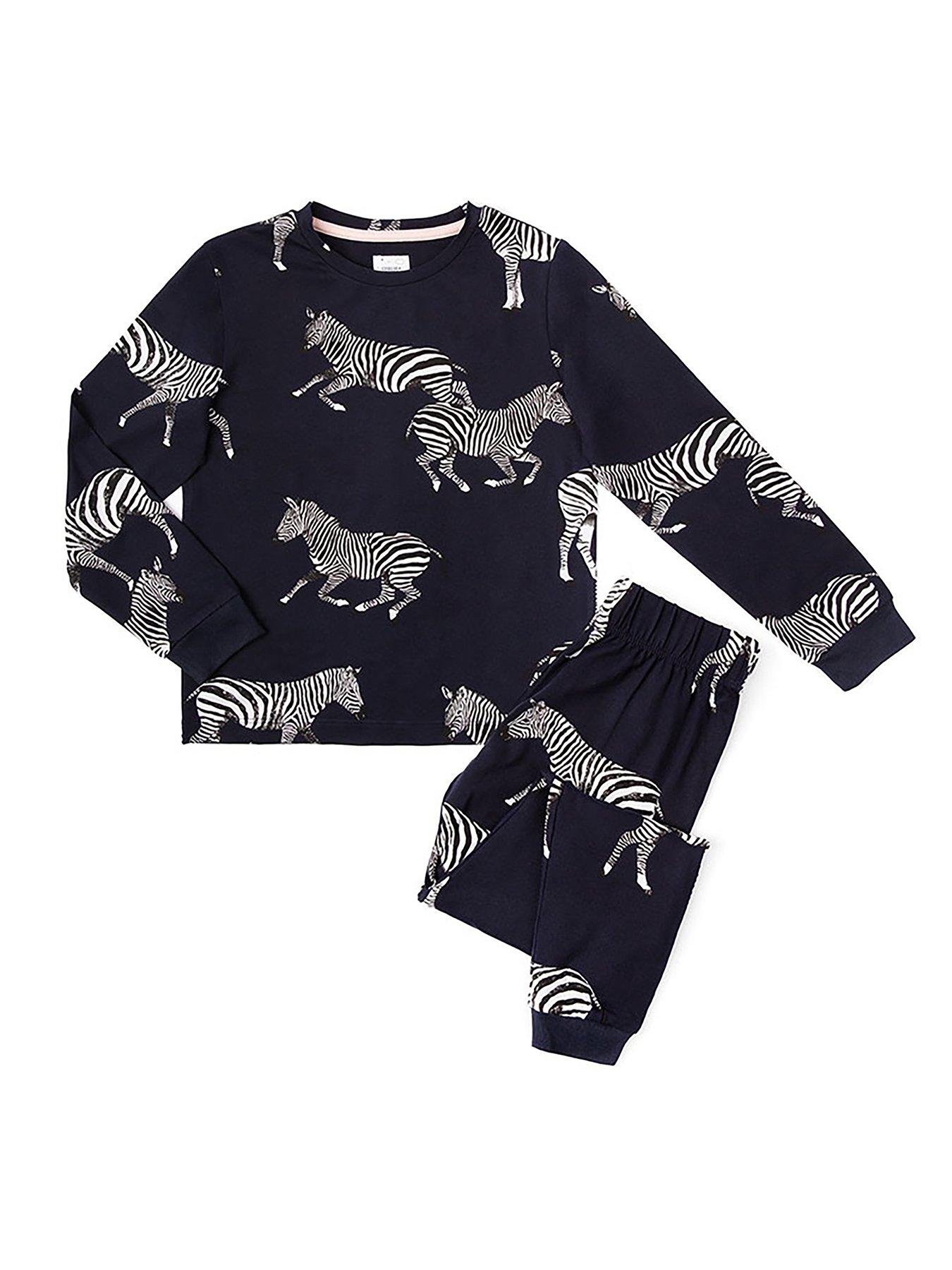  image of chelsea-peers-kids-unisex-zebra-print-long-pyjama-set-navy