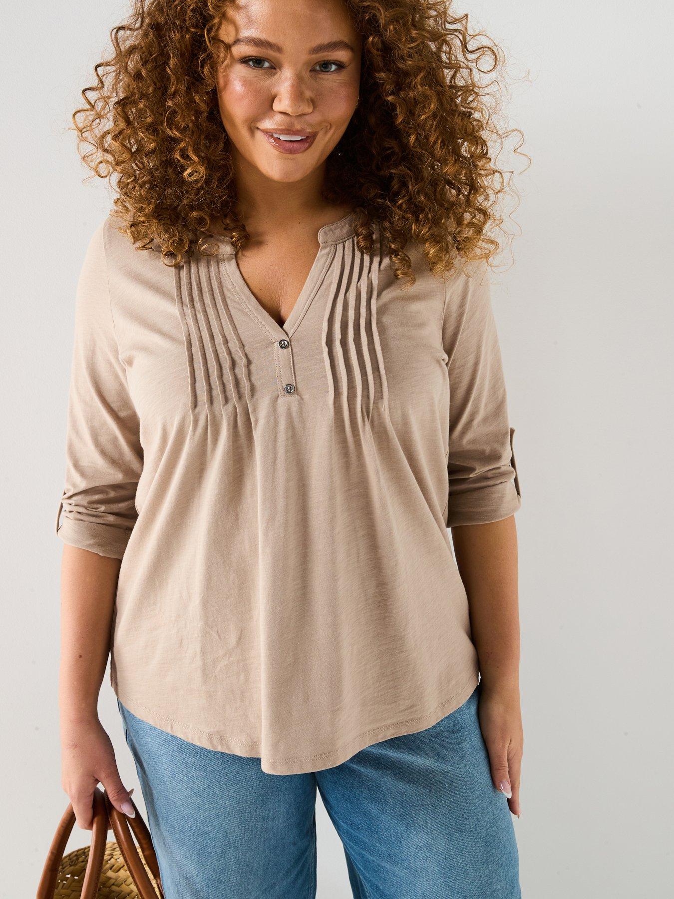 undefined 3/4 Sleeve Stretch Henley Top - Beige