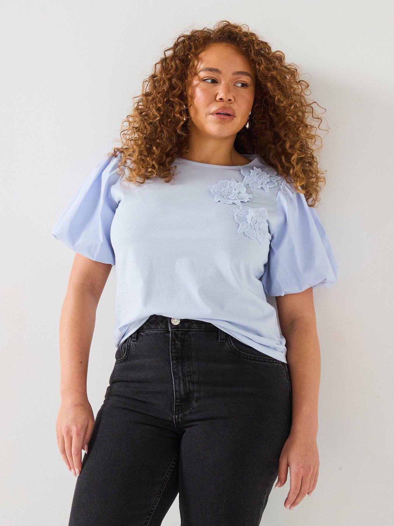 undefined Puff Sleeve 3D Floral Top - Light Blue