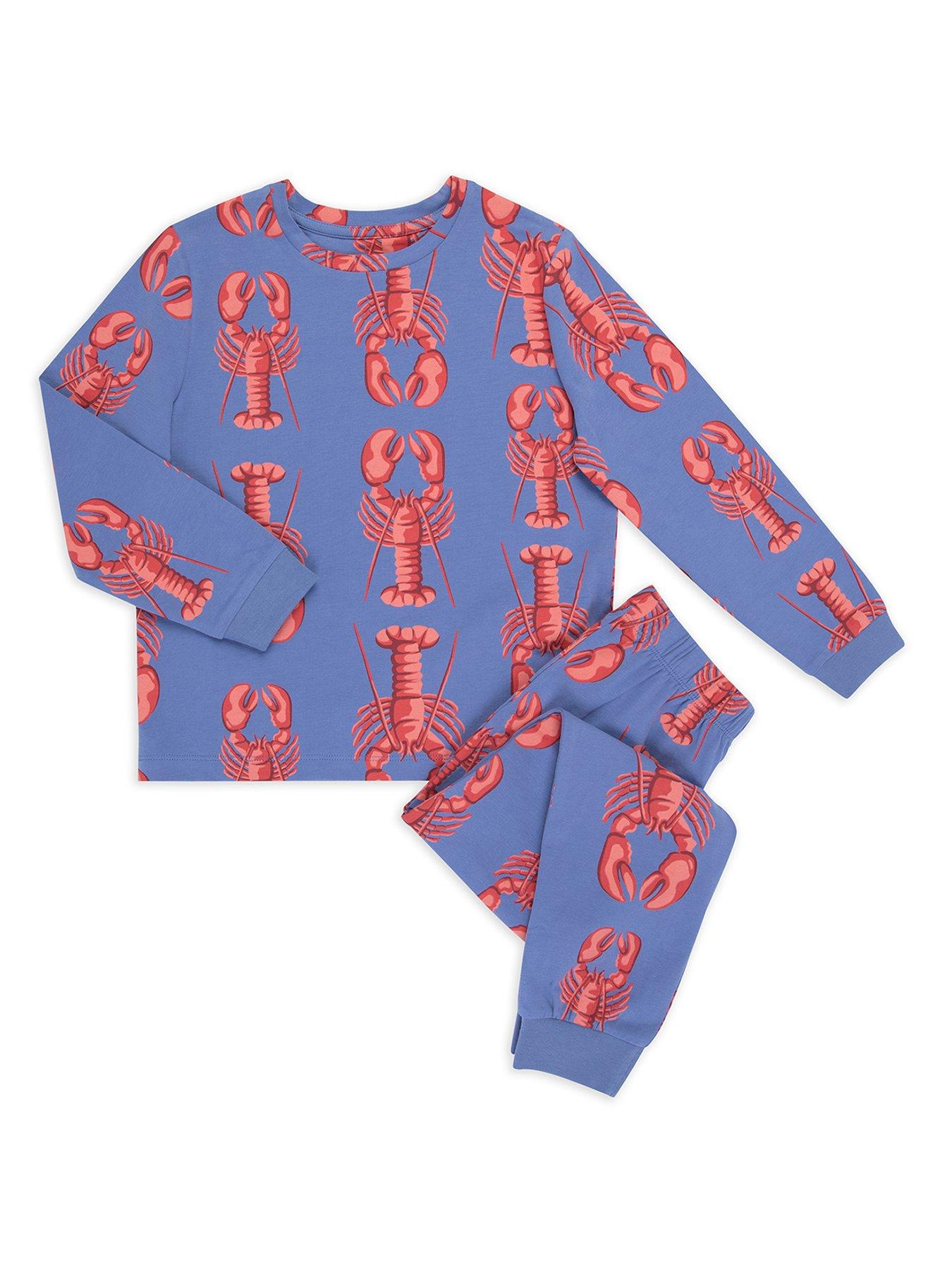  image of chelsea-peers-unisex-kids-lobster-stripe-long-sleeve-pyjamas-blue