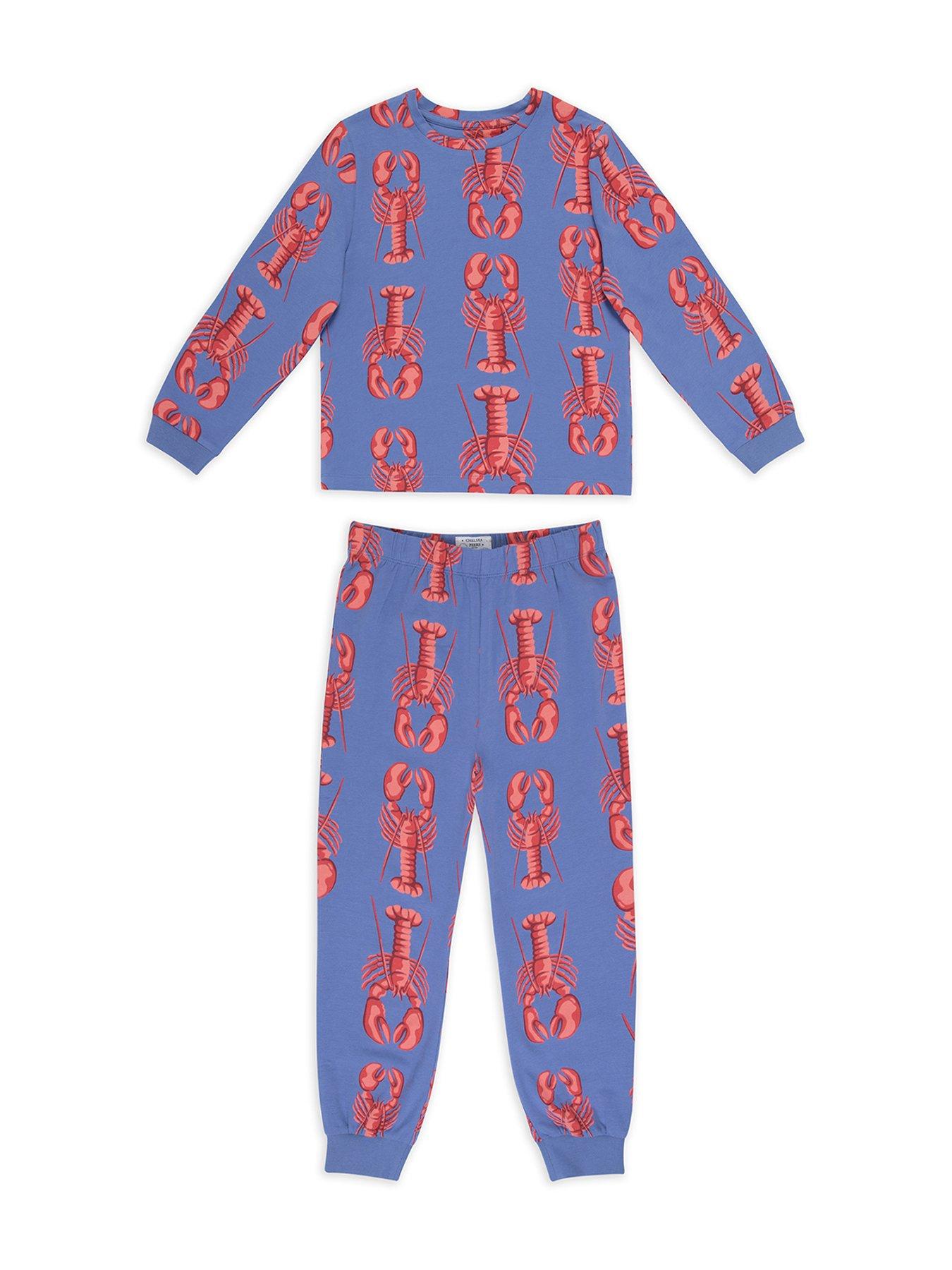  image of chelsea-peers-unisex-kids-lobster-stripe-long-sleeve-pyjamas-blue