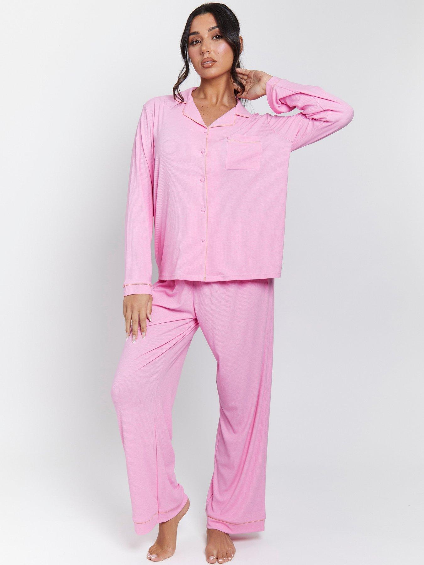 Image 1 of 4 of Loungeable Rib Long Sleeve Traditional Shirt And Long Pant - Pink