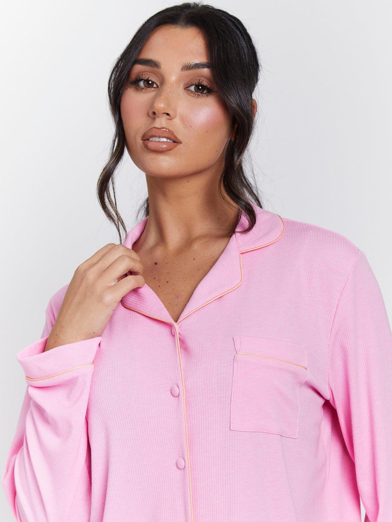 Image 4 of 4 of Loungeable Rib Long Sleeve Traditional Shirt And Long Pant - Pink