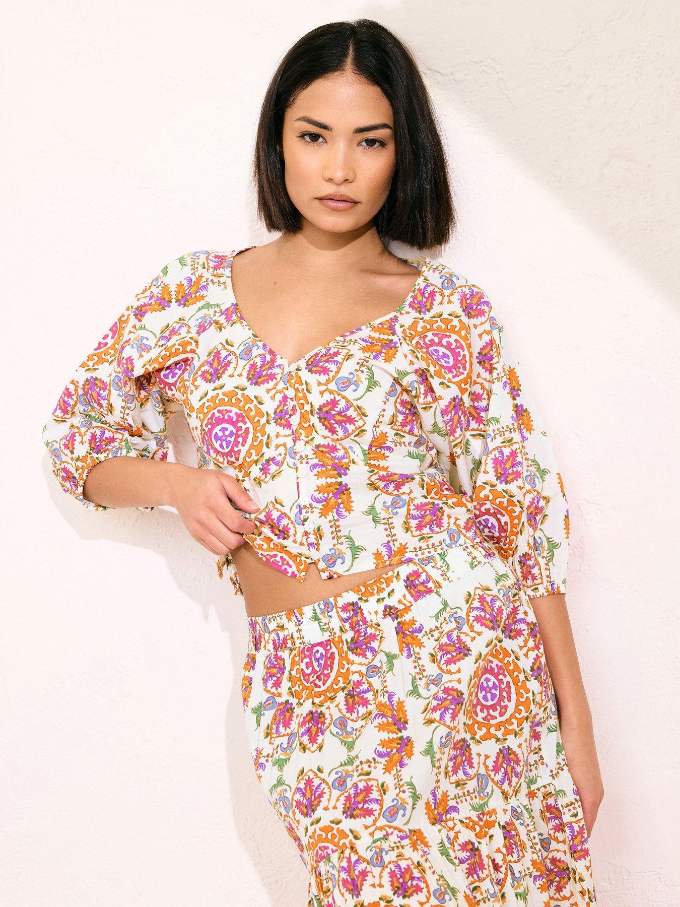 undefined Petite Tile Print Button Puff Sleeve