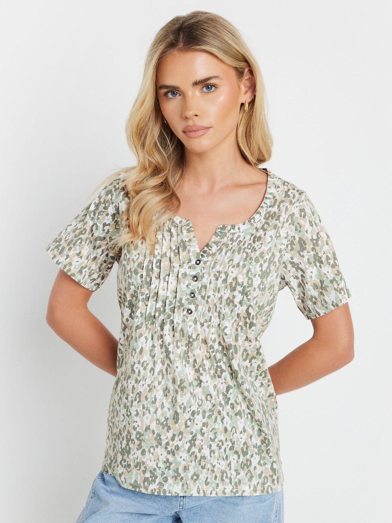 undefined Short Sleeve Cotton Henley Top - Green