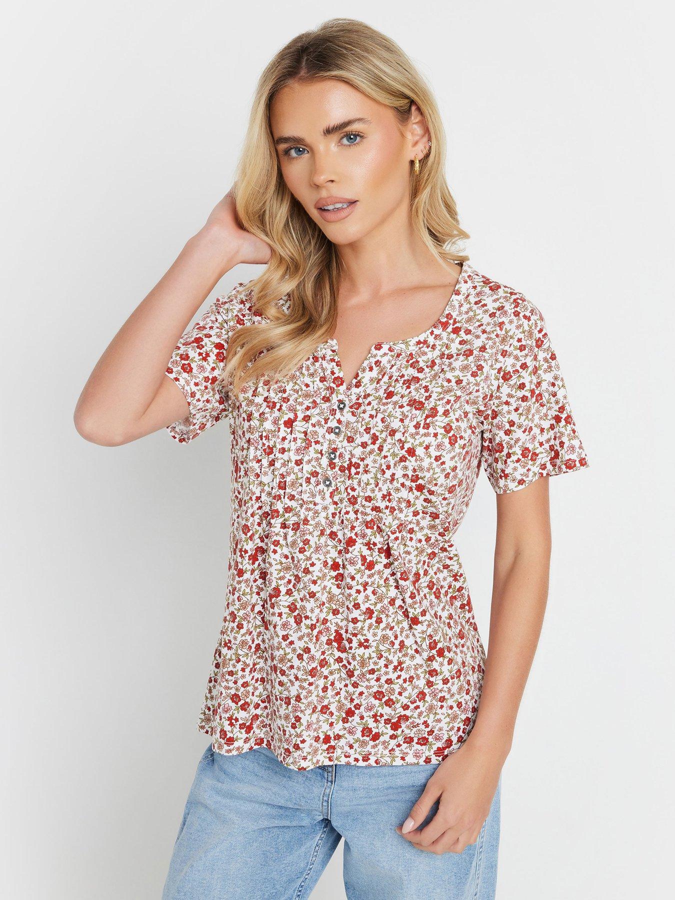 undefined Floral Short Sleeve Henley Top - Pink