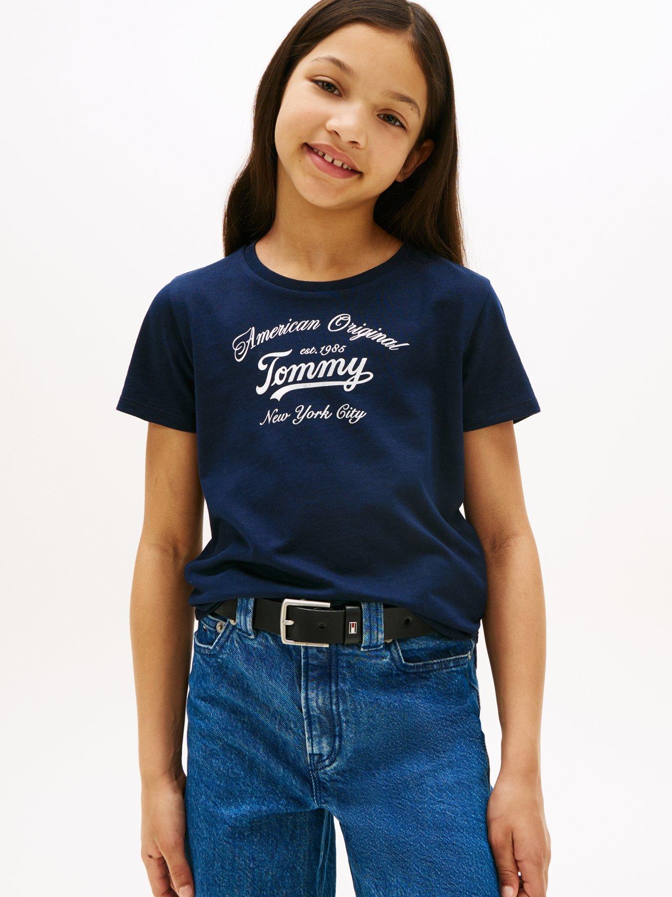 Image 1 of 4 of Tommy Hilfiger Girls Script Short Sleeve T-Shirt - Navy