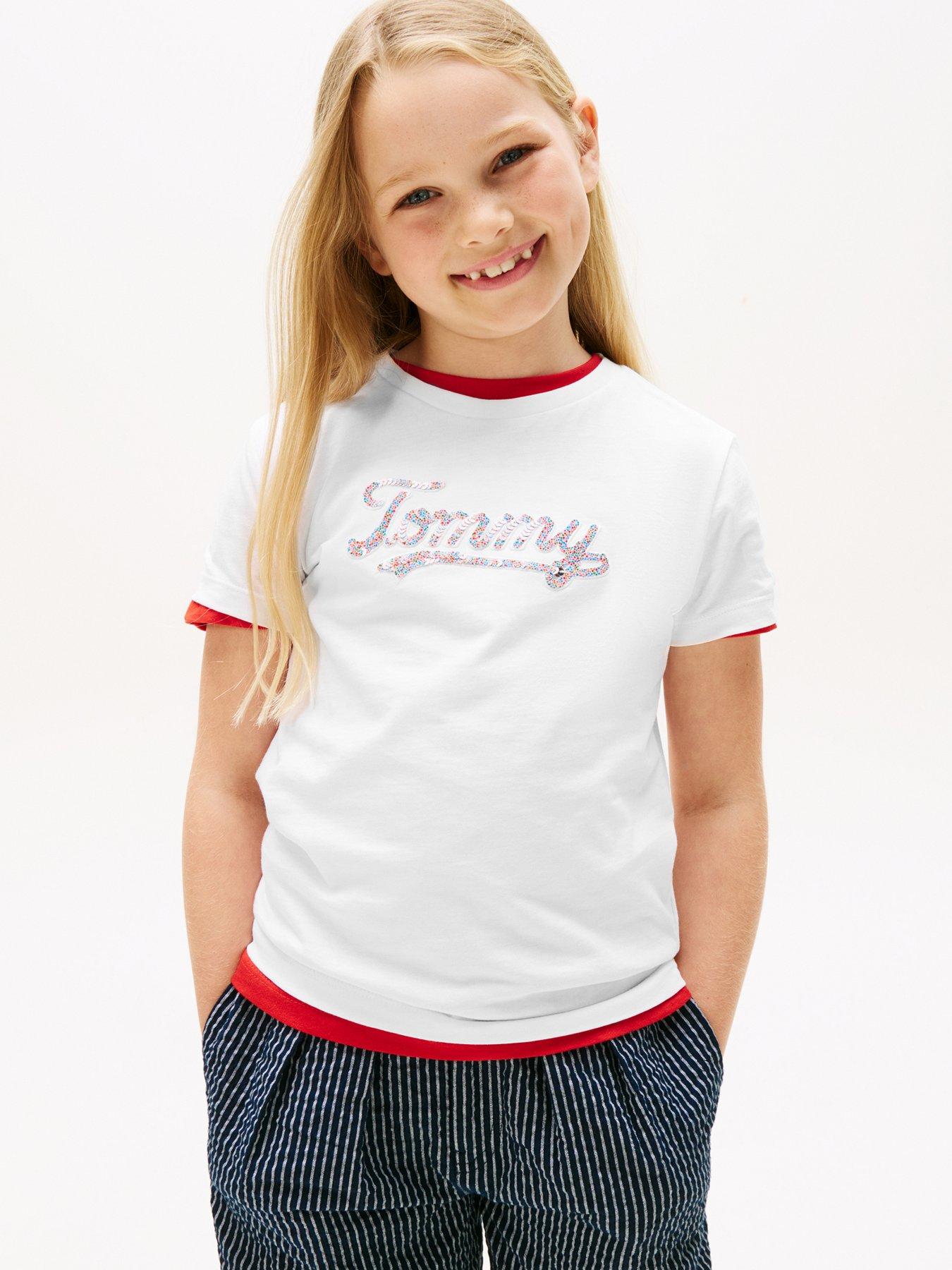 Image 1 of 4 of Tommy Hilfiger Girls Script Sequins Short Sleeve T-Shirt - White