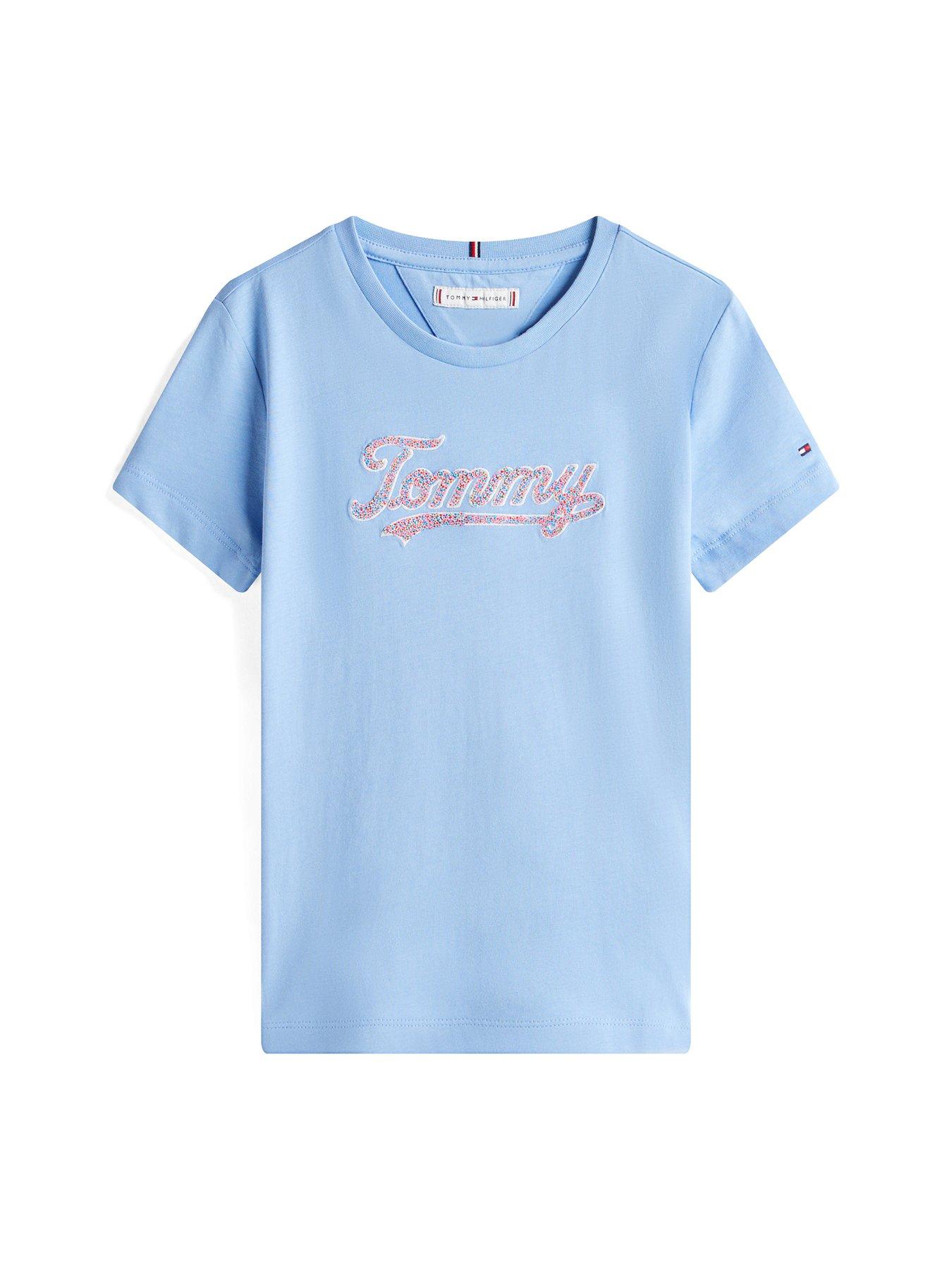 Image 4 of 4 of Tommy Hilfiger Girls Script Sequins Short Sleeve T-Shirt - Blue