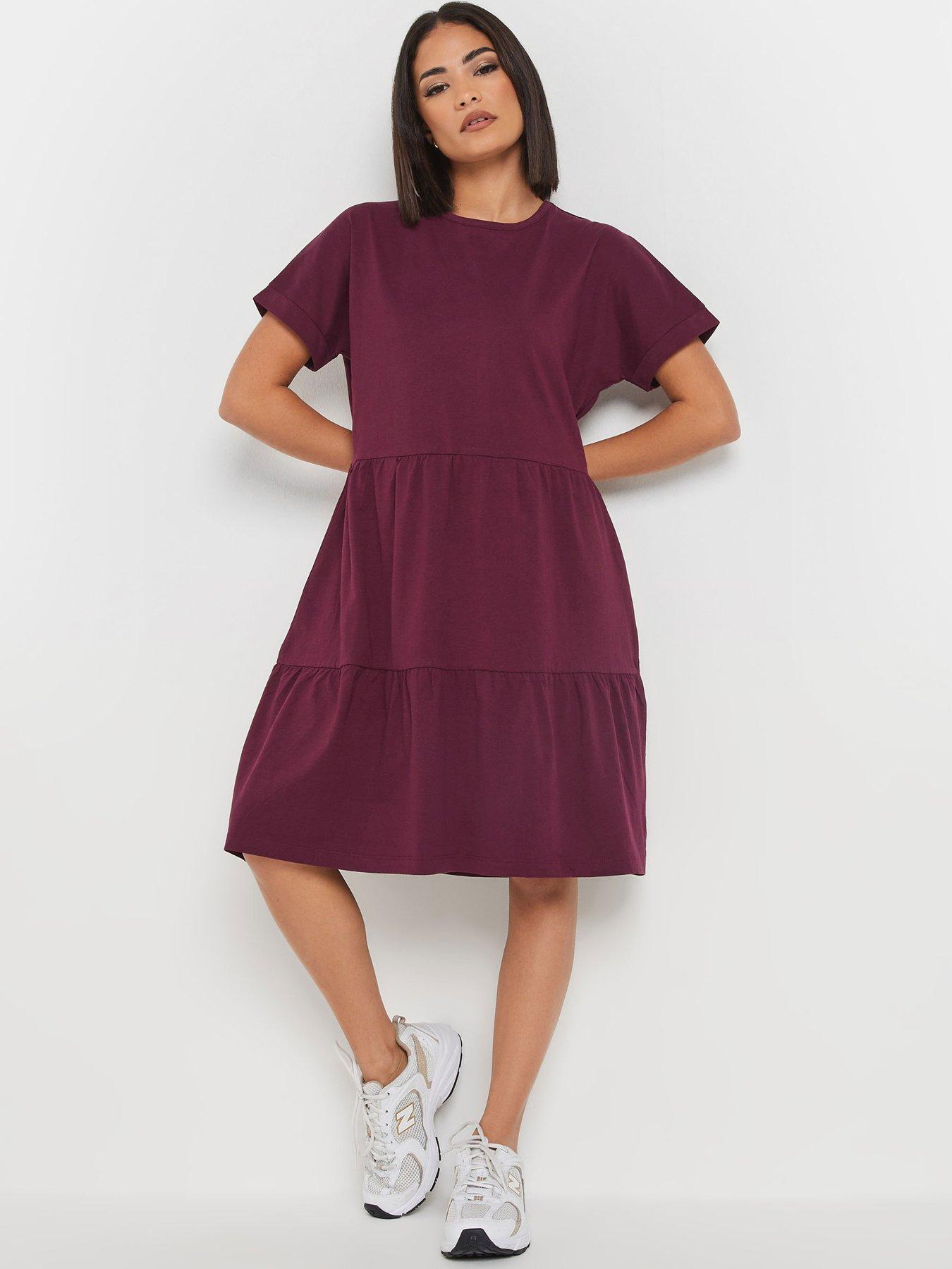 undefined Petite Short Sleeve Tiered Smock Dress - Purple