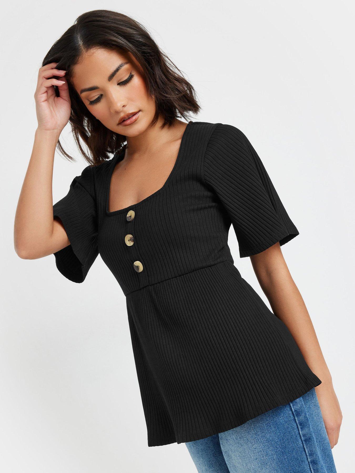  image of pixiegirl-petite-smock-button-rib-top-black