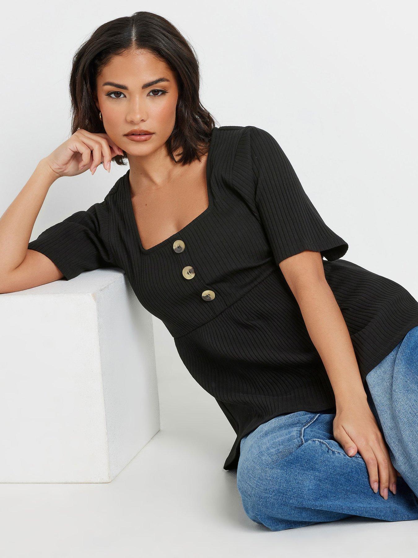  image of pixiegirl-petite-smock-button-rib-top-black
