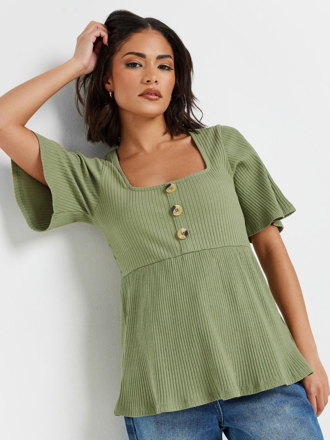 undefined Petite Smock Button Rib Top - Green