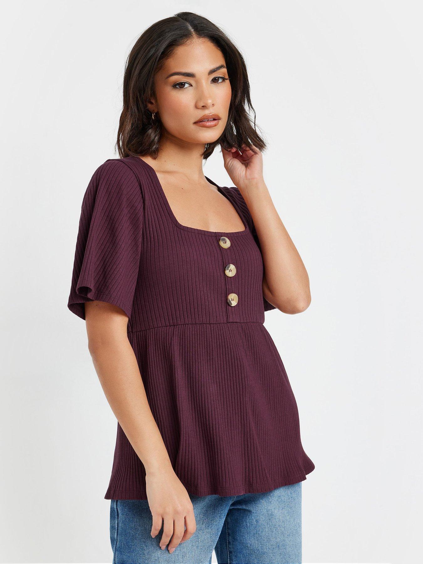 undefined Petite Smock Button Rib Top - Purple