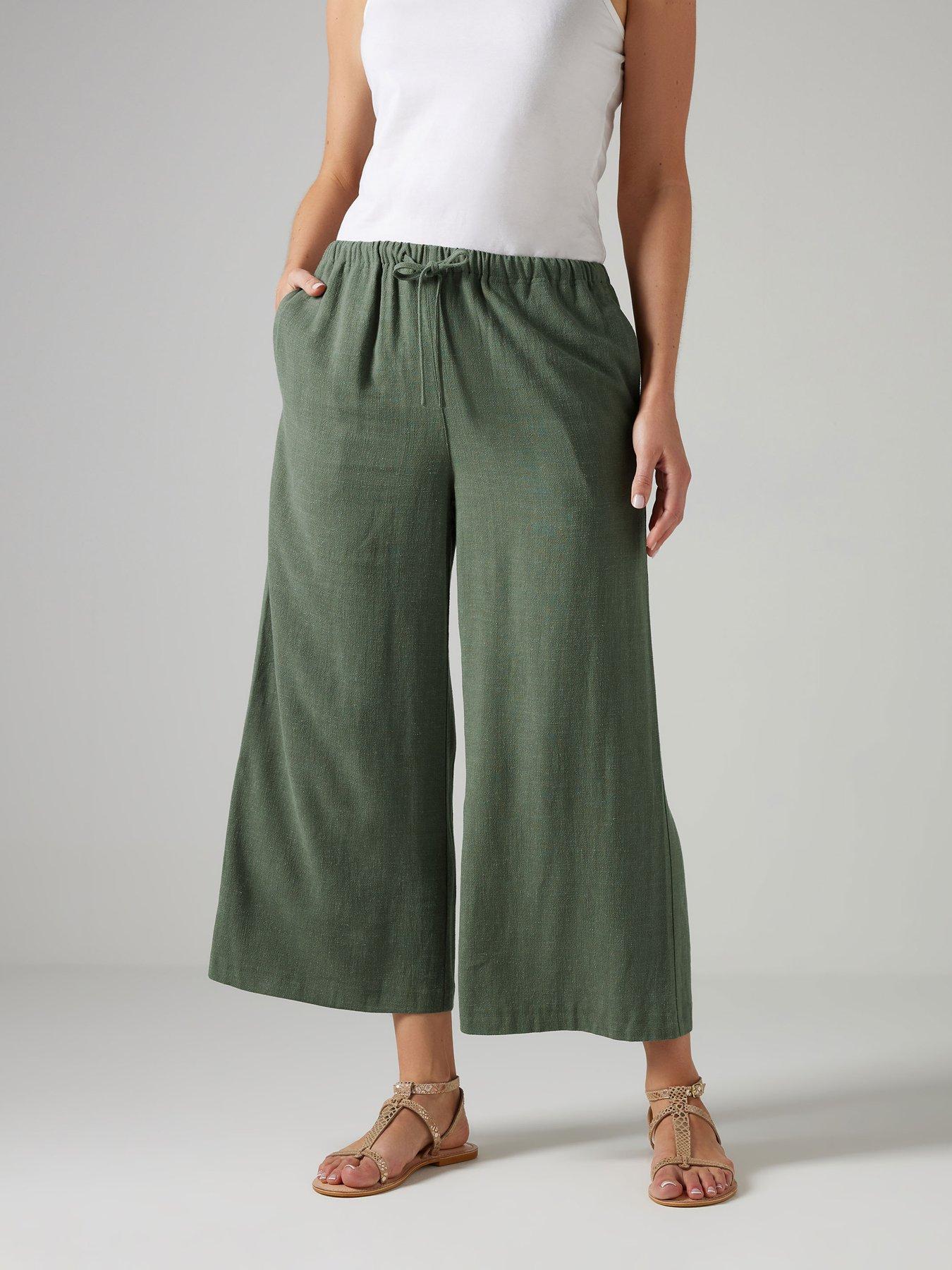 undefined Wide Leg Linen Crop Trouser - Green