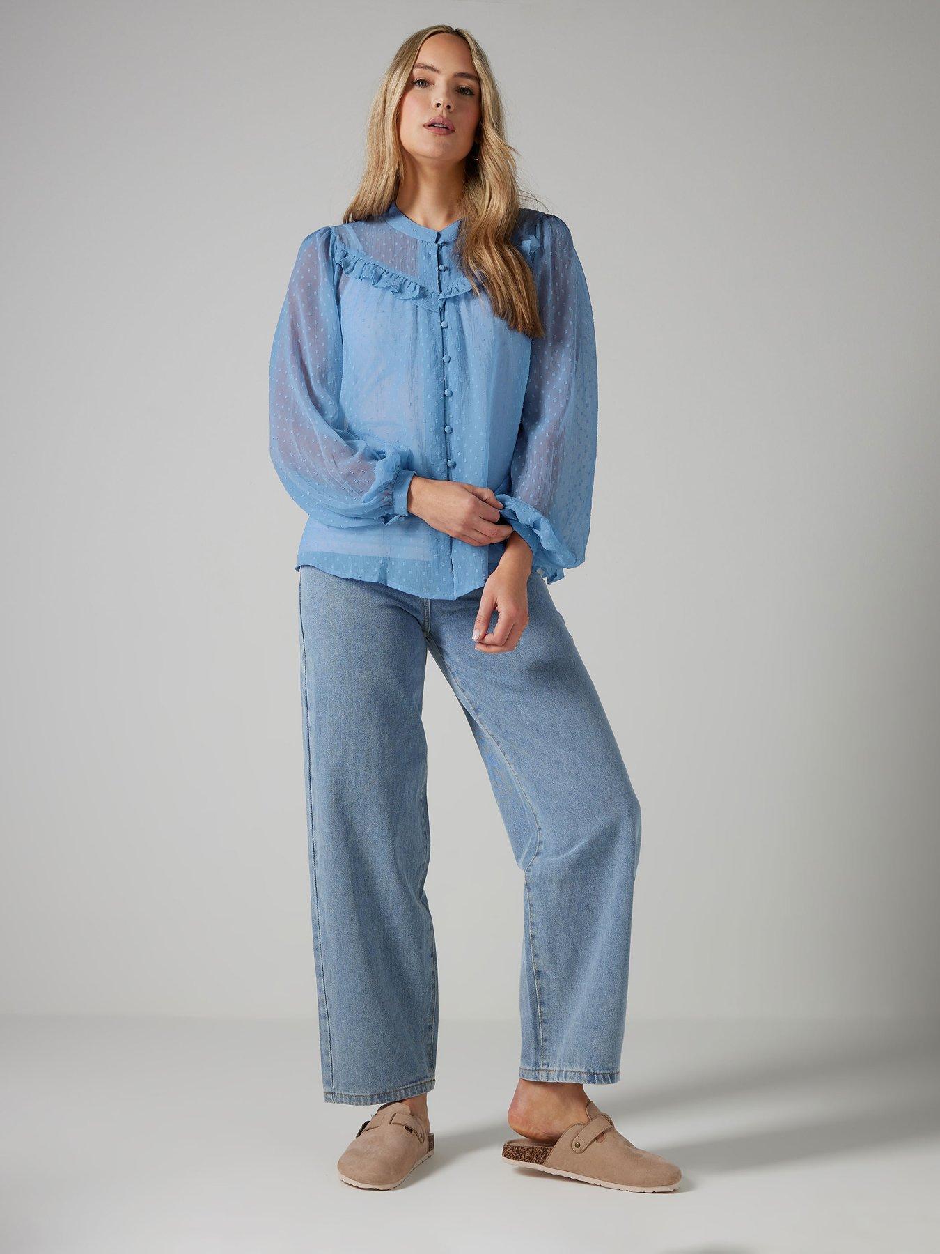  image of long-tall-sally-dobby-frill-blouse-blue