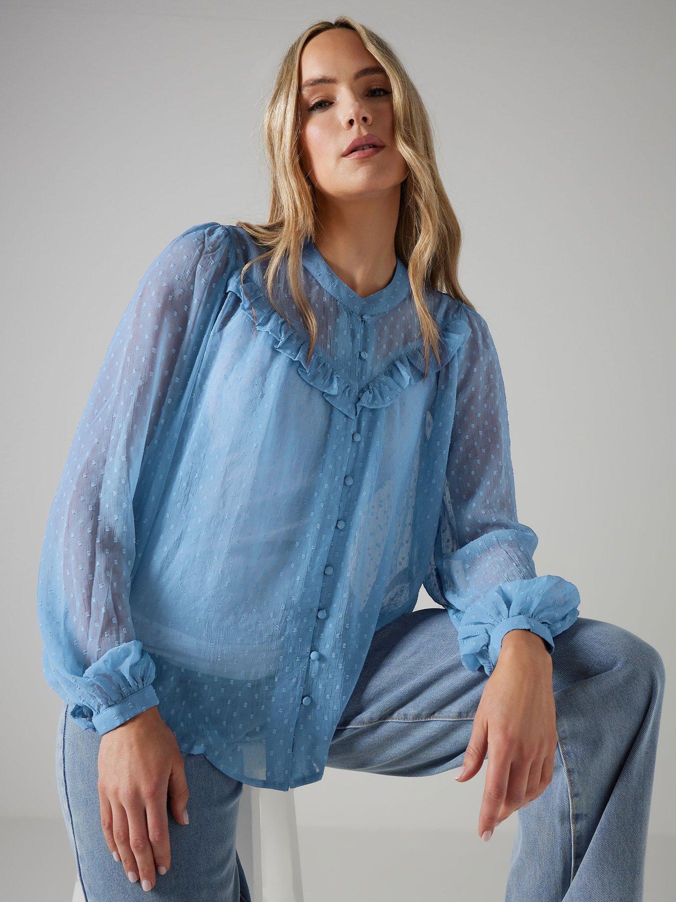  image of long-tall-sally-dobby-frill-blouse-blue