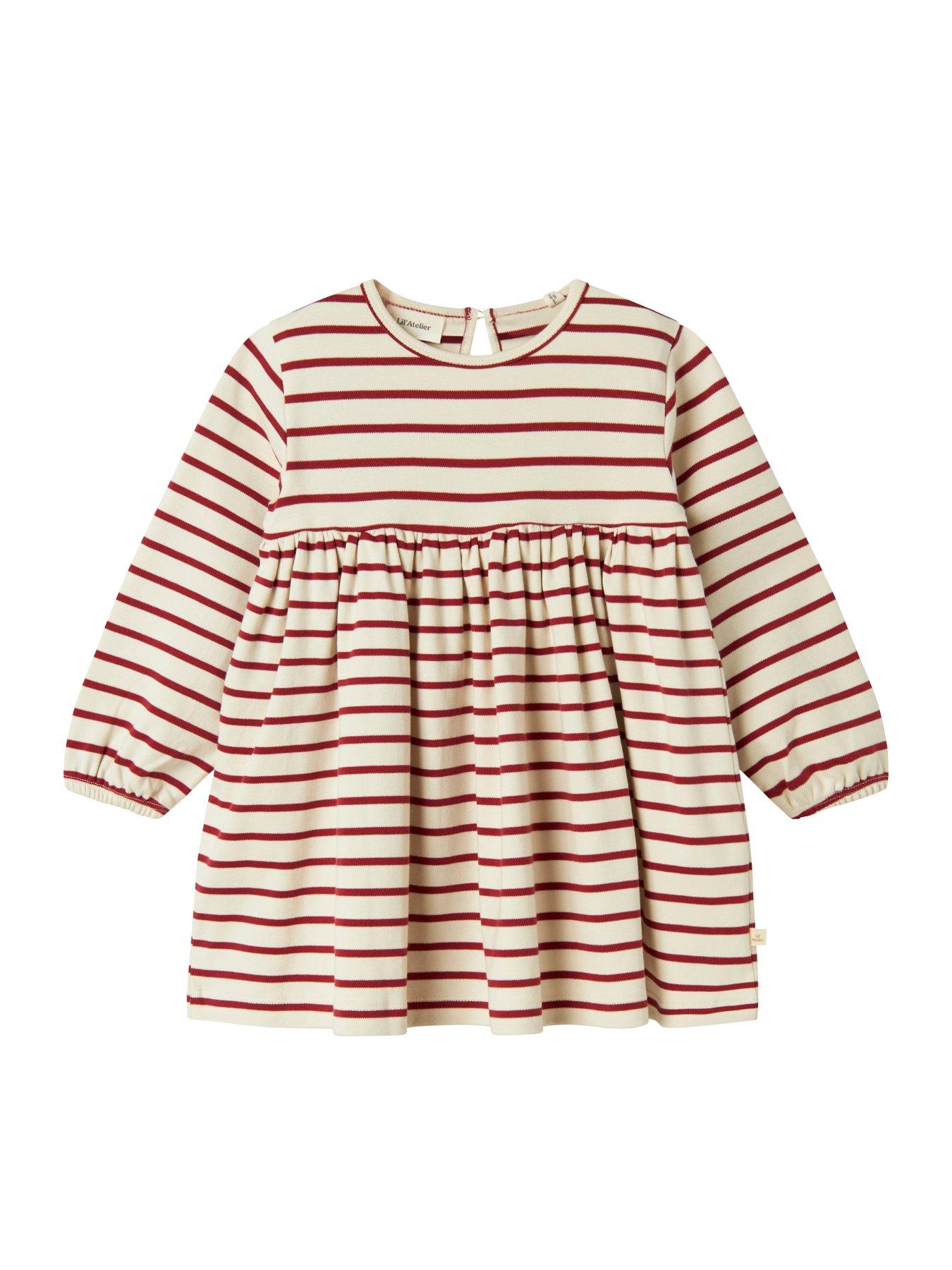 Image 4 of 5 of Lil Atelier Mini Girls Striped Long Sleeve Jersey Dress - Red