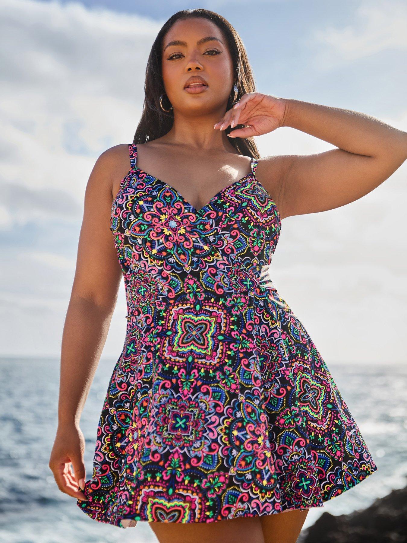 undefined Curve Aztec Wrap Over Skirted Swimdress - Black
